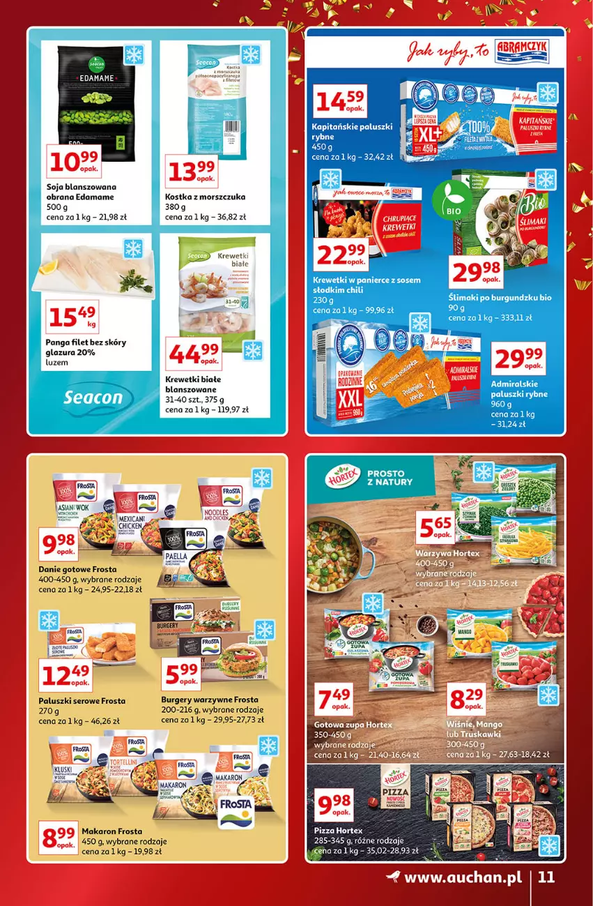 Gazetka promocyjna Auchan - Gazetka Znane Marki Lubiane Auchan - ważna 01.12 do 11.12.2022 - strona 11 - produkty: Burger, Danie gotowe, Edam, Frosta, Glazura, Hortex, Krewetki, Lazur, Makaron, Paluszki rybne, Panga, Pizza, Ser, Sos