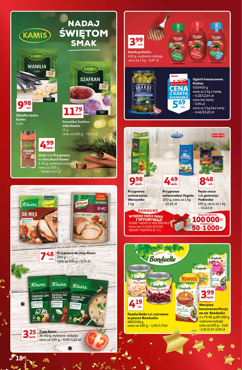 Gazetka promocyjna Auchan - Gazetka Znane Marki Lubiane Auchan - ważna 01.12 do 11.12.2022 - strona 18 - produkty: Gry, Kamis, Ketchup, Knorr, Koc, Kotlin, Krakus, Ogórki konserwowe, Pesto, Podravka, Przyprawa uniwersalna, Przyprawy, Ser, Szafran, Vegeta, Wiko