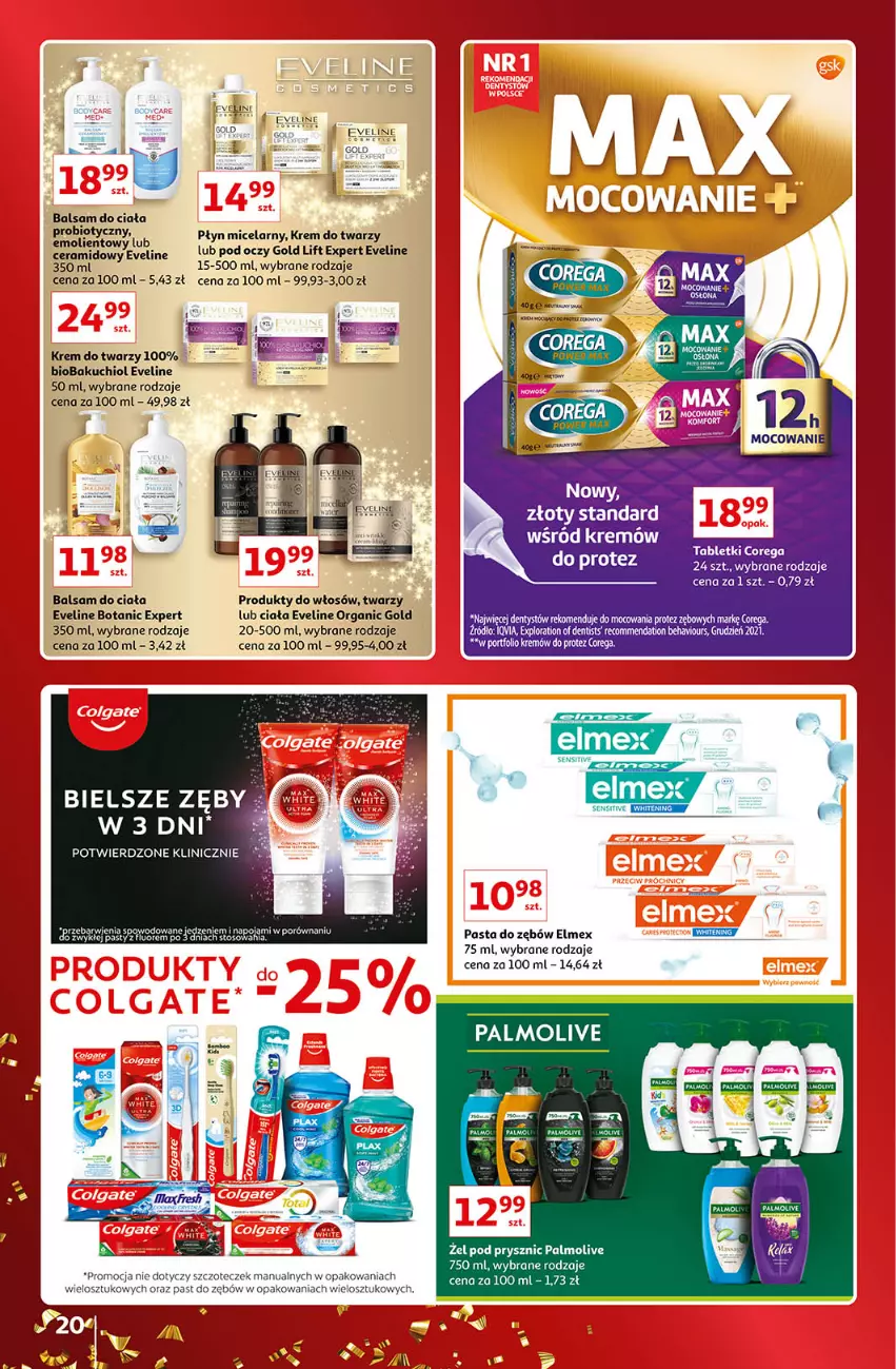 Gazetka promocyjna Auchan - Gazetka Znane Marki Lubiane Auchan - ważna 01.12 do 11.12.2022 - strona 20 - produkty: Balsam do ciała, Corega, Elmex, Eveline, Krem do twarzy, Lody, Palmolive, Pasta do zębów, Płyn micelarny, Por