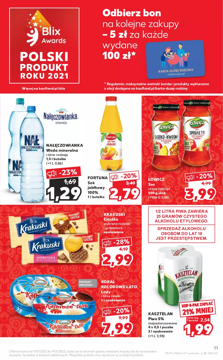 Gazetka promocyjna Kaufland - OFERTA TYGODNIA - ważna 13.01 do 19.01.2022 - strona 11 - produkty: Ciastka, Fortuna, Gra, Kasztelan, Krakus, Krakuski, Lody, Nałęczowianka, Olej, Olma, Piwa, Piwo, Rama, Sok, Sok jabłkowy, Sos, Woda, Woda mineralna