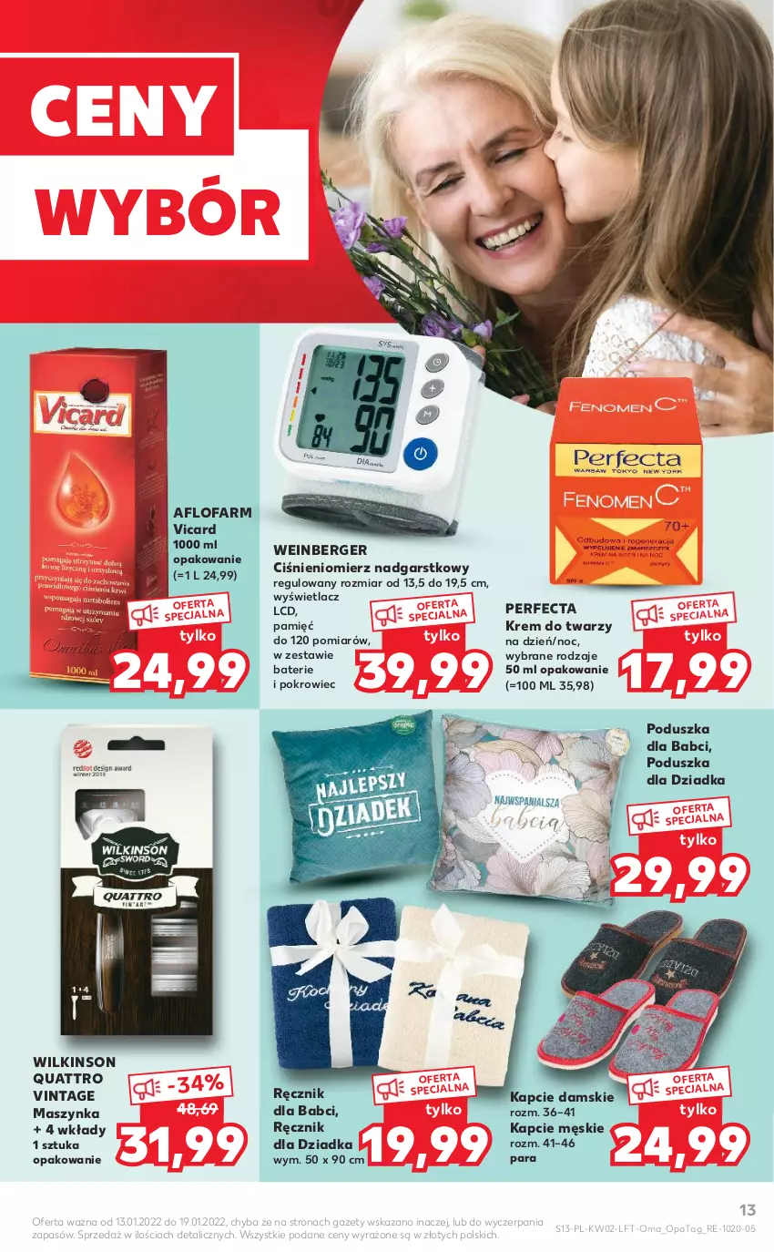 Gazetka promocyjna Kaufland - OFERTA TYGODNIA - ważna 13.01 do 19.01.2022 - strona 13 - produkty: Ciśnieniomierz, Fa, Kapcie, Krem do twarzy, Maszynka, Perfecta, Poduszka, Pokrowiec, Ręcznik, Szynka