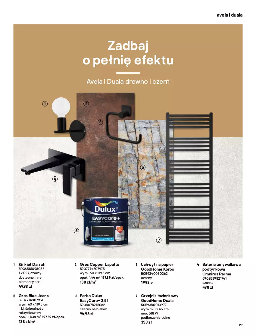 Gazetka promocyjna Castorama - Katalog Łazienki 2021 - ważna 01.10 do 31.12.2021 - strona 27 - produkty: Bateria, Bateria umywalkowa, Dulux, Fa, Gres, Grzejnik, Grzejnik łazienkowy, Kosz, Miska, Papier, Ser