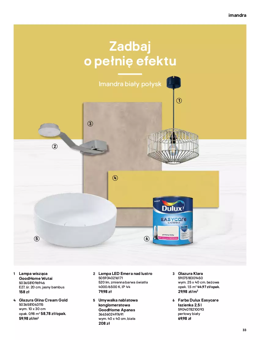 Gazetka promocyjna Castorama - Katalog Łazienki 2021 - ważna 01.10 do 31.12.2021 - strona 33 - produkty: Dulux, Fa, Glazura, Grzejnik, Grzejnik łazienkowy, Lampa, Lampa LED, Lampa wisząca, Lazur, Lustro, Półka, Szafka, Umywalka