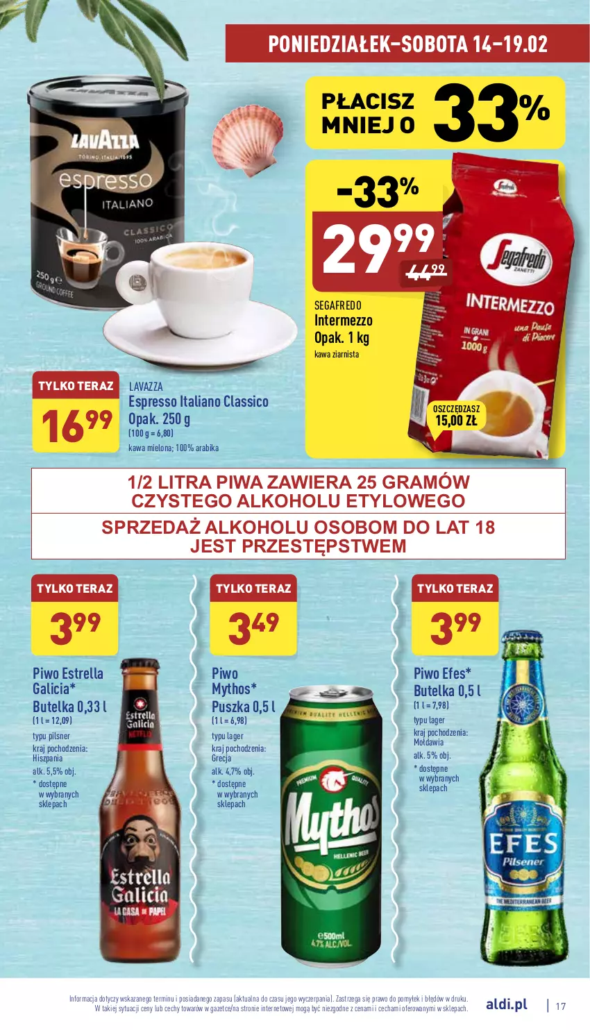 Gazetka promocyjna Aldi - Katalog spożywczy - ważna 14.02 do 19.02.2022 - strona 17 - produkty: Gra, Kawa, Kawa mielona, Kawa ziarnista, Lavazza, Piwa, Piwo, Segafredo, Tera