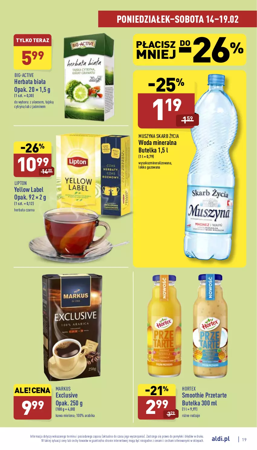 Gazetka promocyjna Aldi - Katalog spożywczy - ważna 14.02 do 19.02.2022 - strona 19 - produkty: Herbata, Herbata czarna, Hortex, Kawa, Kawa mielona, Lipton, Mus, Smoothie, Sok, Szyna, Tera, Woda, Woda mineralna