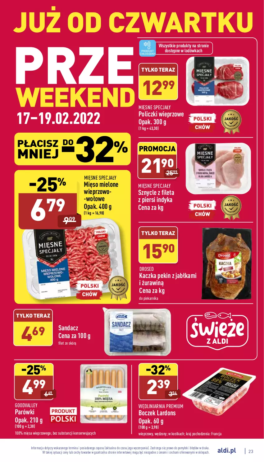 Gazetka promocyjna Aldi - Katalog spożywczy - ważna 14.02 do 19.02.2022 - strona 23 - produkty: Boczek, Jabłka, Kaczka, Lodówka, Mięsne specjały, Mięso, Mięso mielone, Parówki, Piekarnik, Sandacz, Ser, Tera