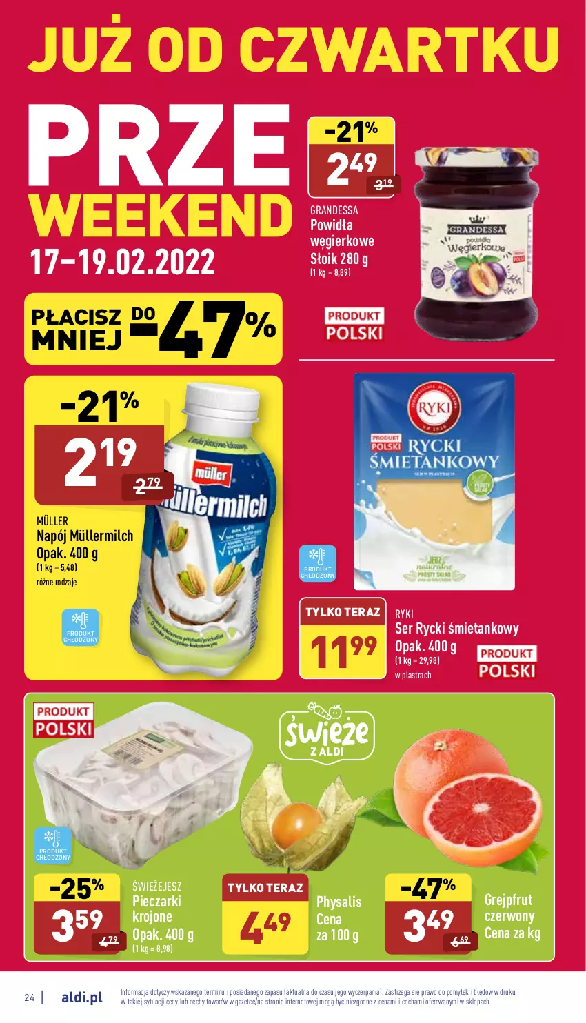 Gazetka promocyjna Aldi - Katalog spożywczy - ważna 14.02 do 19.02.2022 - strona 24 - produkty: Gra, Grejpfrut, Müller, Müllermilch, Napój, Piec, Pieczarki krojone, Ser, Tera