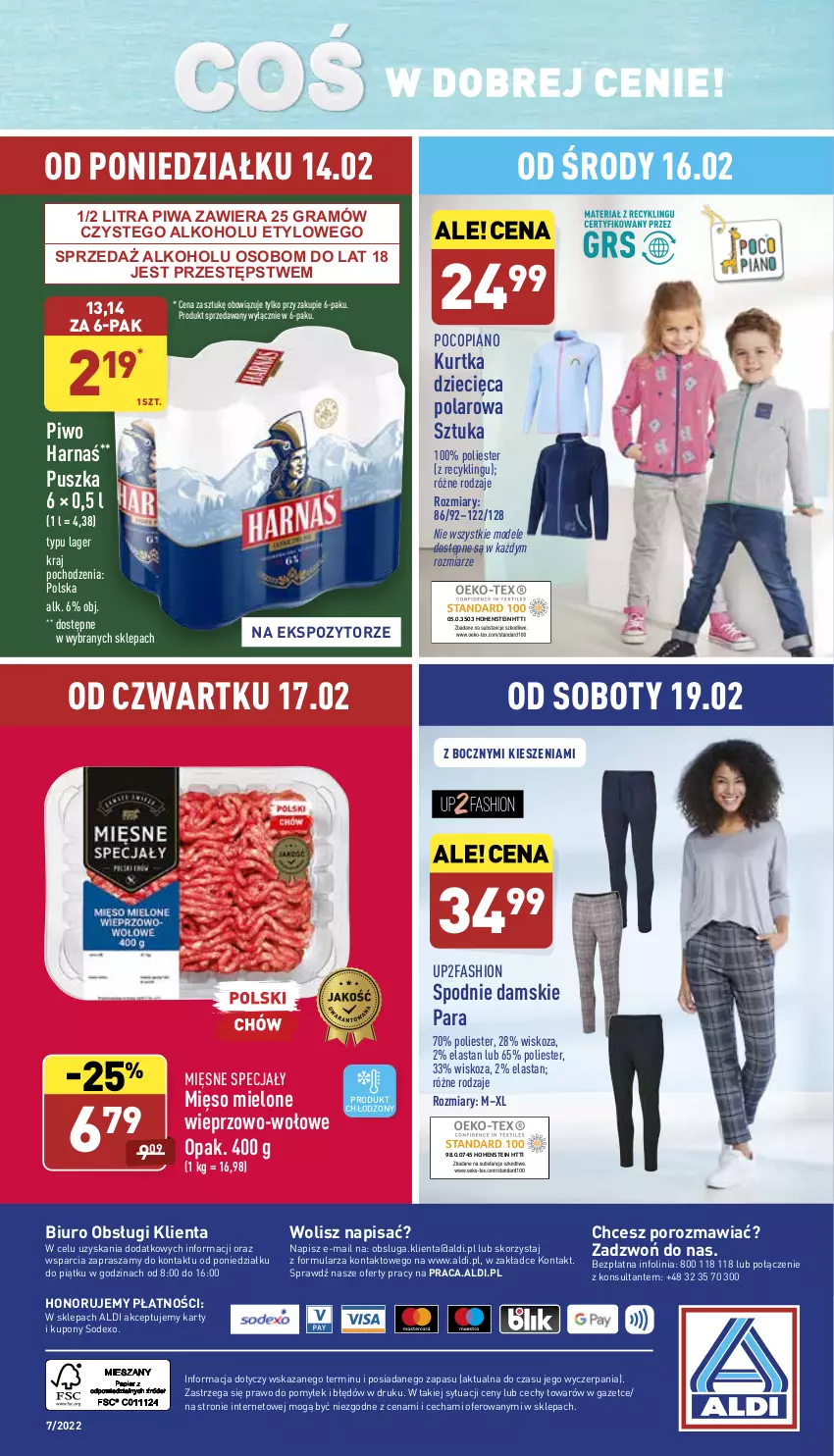 Gazetka promocyjna Aldi - Katalog spożywczy - ważna 14.02 do 19.02.2022 - strona 27 - produkty: Biuro, Dzieci, Fa, Gra, Harnaś, Kurtka, Kurtka dziecięca, Mięsne specjały, Mięso, Mięso mielone, O nas, Piwa, Piwo, Pocopiano, Por, Spodnie