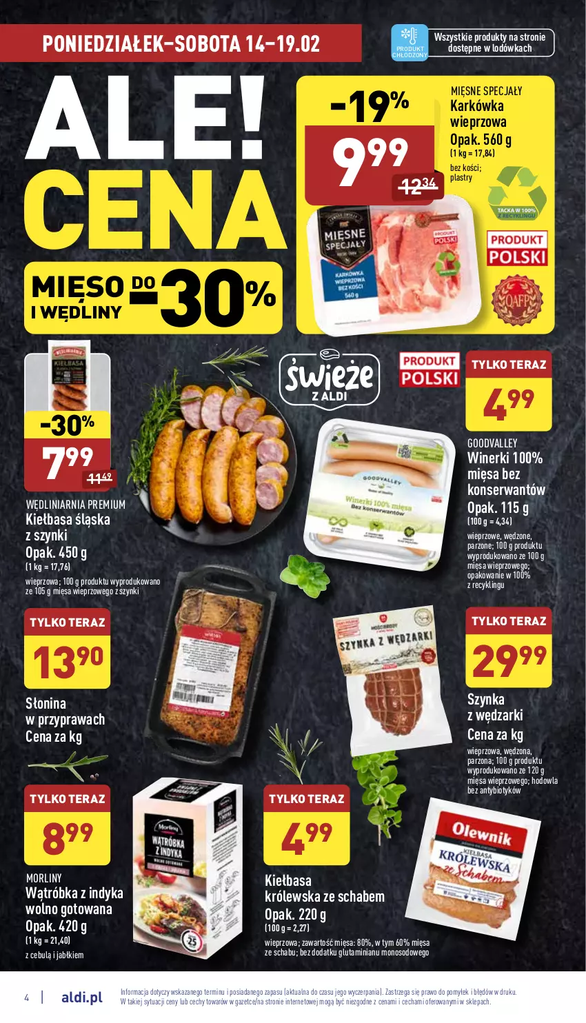 Gazetka promocyjna Aldi - Katalog spożywczy - ważna 14.02 do 19.02.2022 - strona 4 - produkty: Karkówka wieprzowa, Kiełbasa, Kiełbasa śląska, Lodówka, Mięsne specjały, Mięso, Morliny, Ser, Szynka, Tera