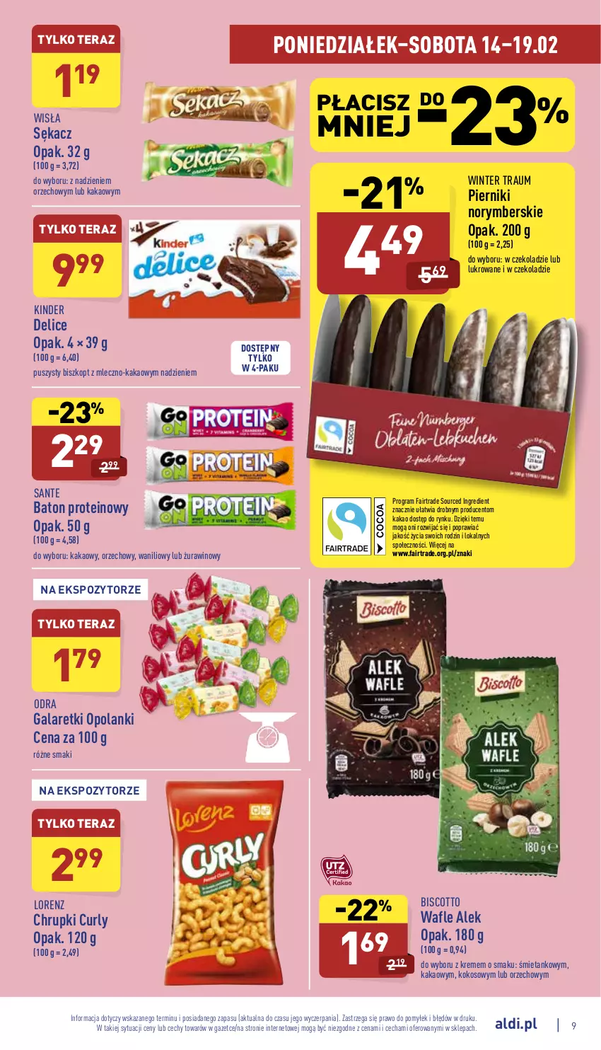 Gazetka promocyjna Aldi - Katalog spożywczy - ważna 14.02 do 19.02.2022 - strona 9 - produkty: Baton, Chrupki, Fa, Gala, Galaretki, Gra, Kakao, Kinder, Kokos, Lanki, Lorenz, Piernik, Sante, Sękacz, Tera, Wafle, Wino