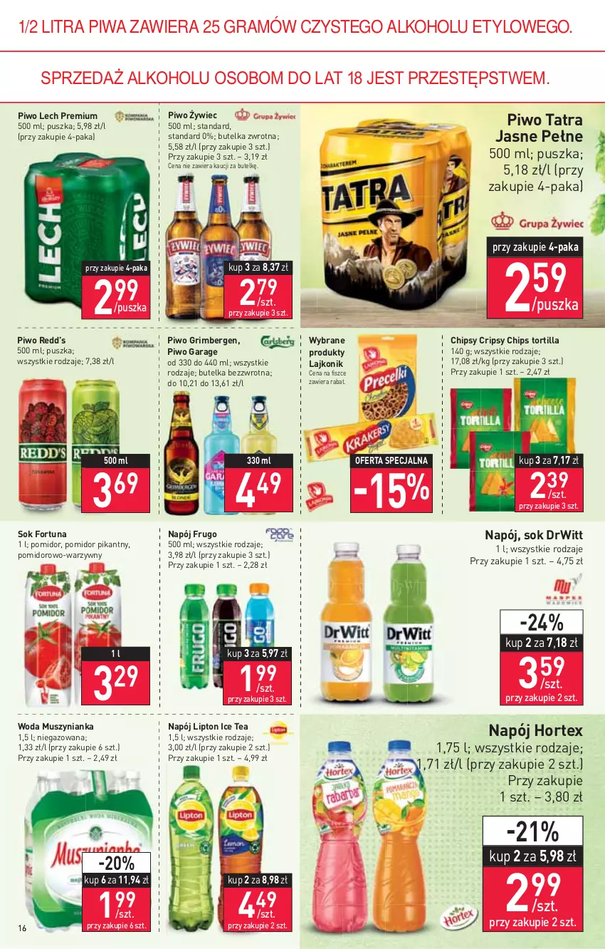 Gazetka promocyjna Stokrotka - Supermarket - ważna 03.03 do 09.03.2022 - strona 16 - produkty: Chipsy, Fortuna, Gra, Hortex, Ice tea, Lajkonik, Lech Premium, Lipton, Mus, Muszynianka, Napój, Piwa, Piwo, Sok, Tatra, Tortilla, Woda