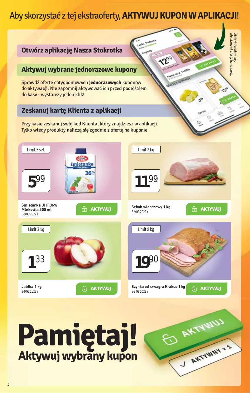 Gazetka promocyjna Stokrotka - Supermarket - ważna 03.03 do 09.03.2022 - strona 4 - produkty: Gra, HP, Jabłka, Krakus, Mleko, Mlekovita, Schab wieprzowy, Szynka