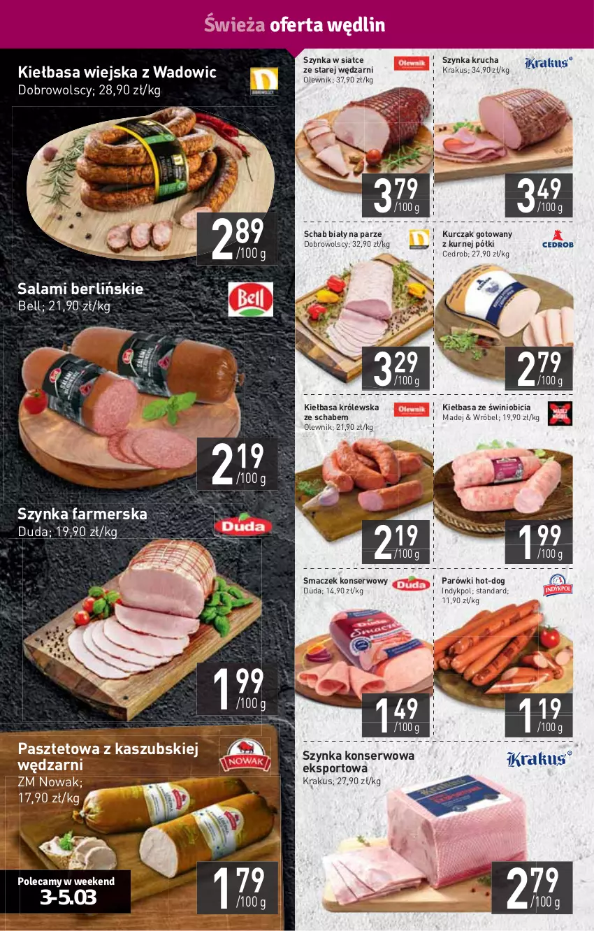 Gazetka promocyjna Stokrotka - Supermarket - ważna 03.03 do 09.03.2022 - strona 8 - produkty: Bell, BIC, Duda, Fa, HP, Kiełbasa, Kiełbasa wiejska, Krakus, Kurczak, Kurczak gotowany, NOWAK, Olewnik, Parówki, Pasztet, Por, Salami, Ser, Sport, Szynka, Szynka farmerska, Szynka konserwowa