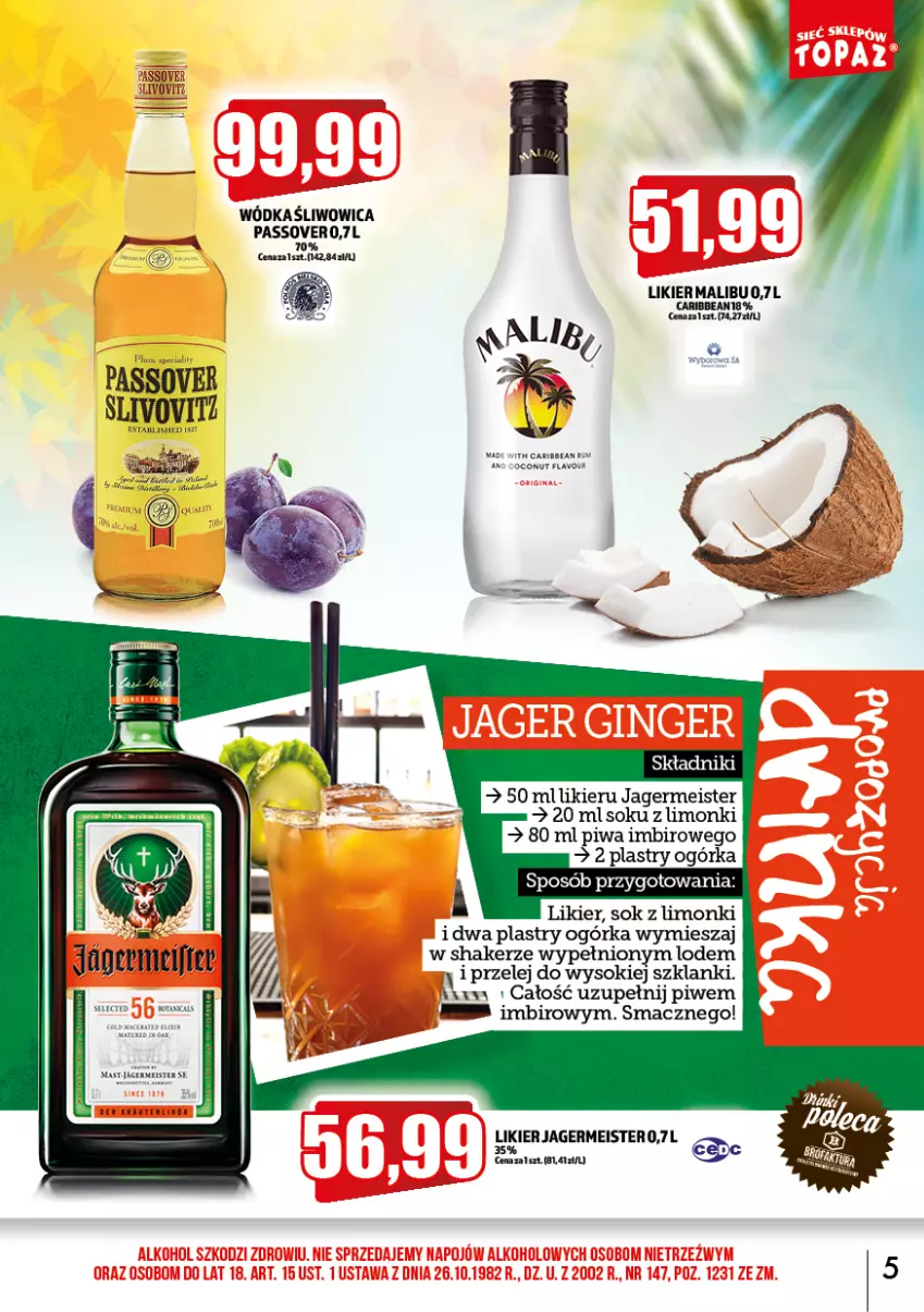 Gazetka promocyjna Topaz - Gazetka - ważna 01.09 do 30.09.2022 - strona 5 - produkty: Imbir, Jagermeister, Lanki, Likier, Malibu, Piwa, Sok, Wódka