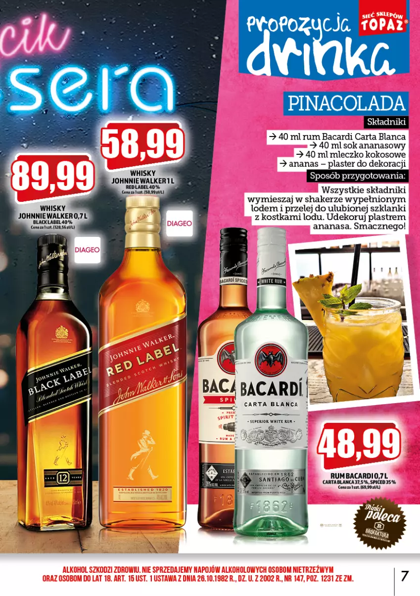 Gazetka promocyjna Topaz - Gazetka - ważna 01.09 do 30.09.2022 - strona 7 - produkty: Ananas, Bacardi, Johnnie Walker, Kokos, Lack, Lanki, Mleczko, Rum, Sok, Whisky