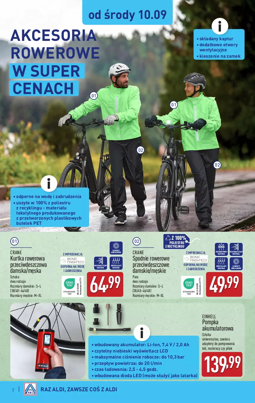 Gazetka promocyjna Aldi - Artykuły przemysłowe i tekstylia - ważna 10.09 do 13.09.2025 - strona 2 - produkty: Akumulator, Einhell, Kurtka, Latarka, Materac, Pompka, Por, Rower, Spodnie, Tarka, Tera