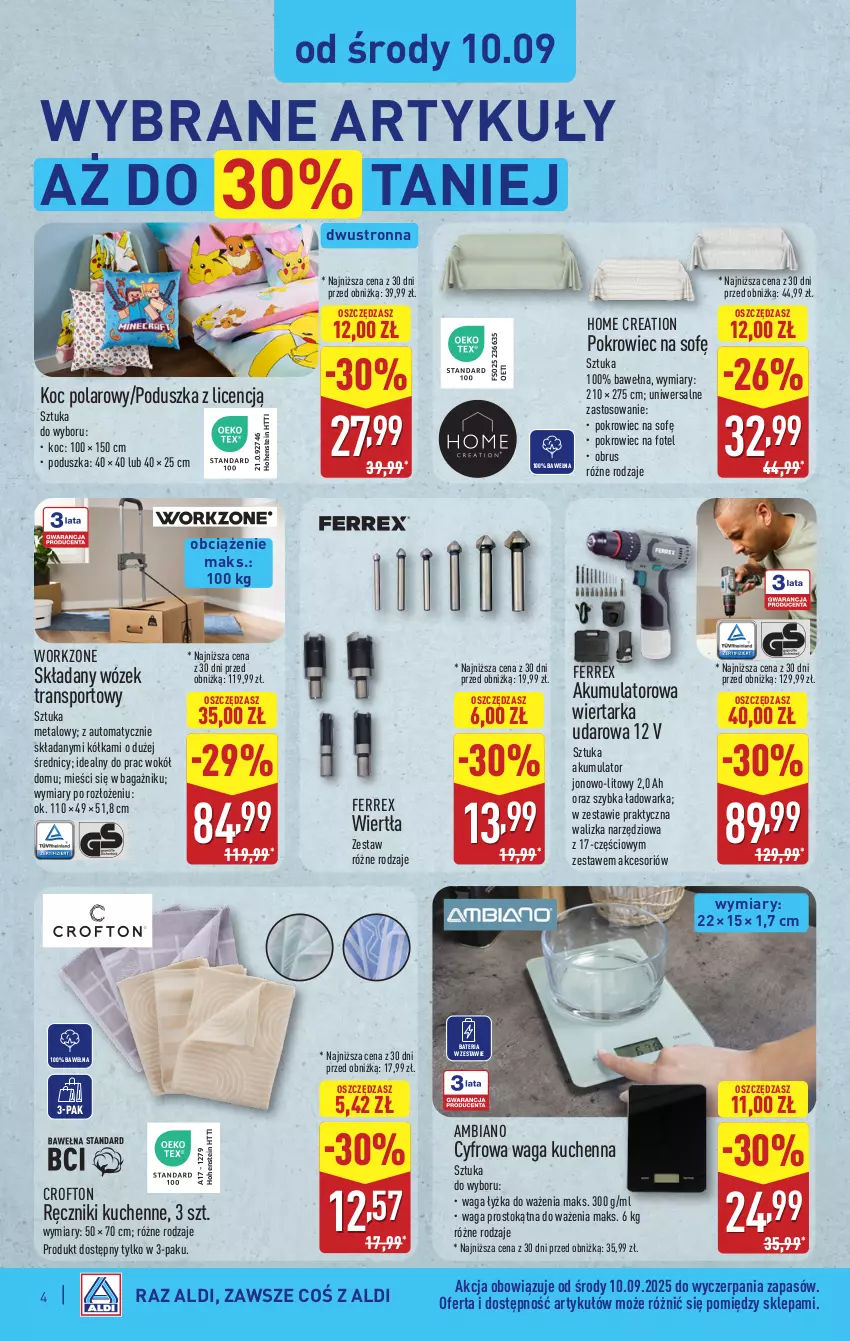 Gazetka promocyjna Aldi - Artykuły przemysłowe i tekstylia - ważna 10.09 do 13.09.2025 - strona 4 - produkty: Akumulator, Bateria, Fotel, Koc, Obrus, Poduszka, Pokrowiec, Por, Ręcznik, Sport, Tarka, Tran, Waga, Walizka, Warka, Wełna, Wiertarka, Wiertarka udarowa, Wózek, Wózek transportowy