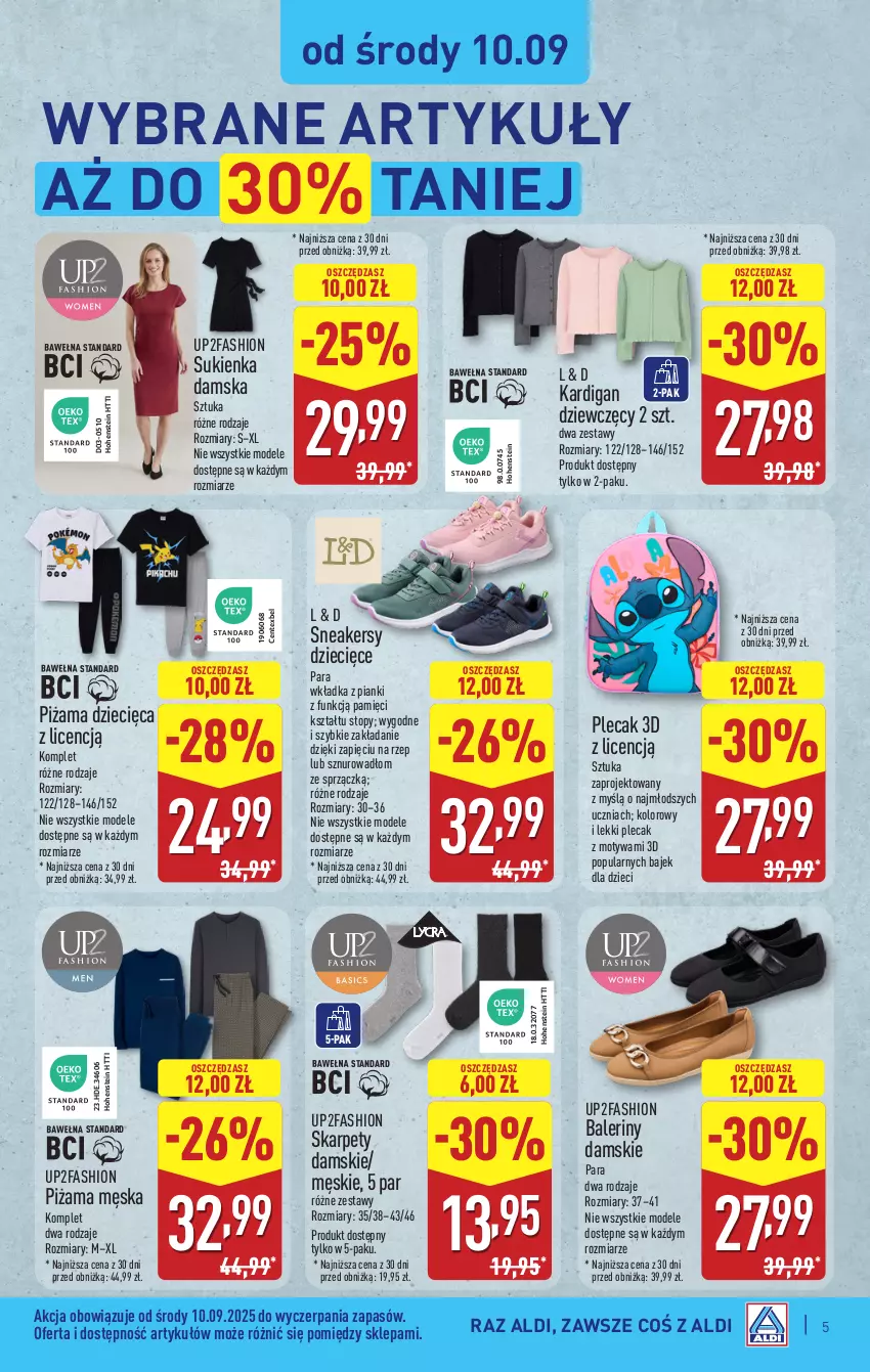 Gazetka promocyjna Aldi - Artykuły przemysłowe i tekstylia - ważna 10.09 do 13.09.2025 - strona 5 - produkty: Baleriny, Dzieci, Fa, Kardigan, Karp, Piżama, Plecak, Sneakersy, Sukienka, Top