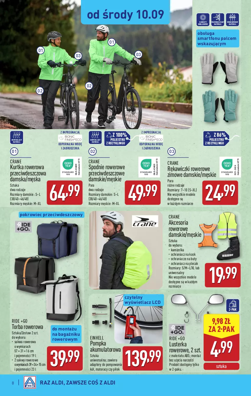 Gazetka promocyjna Aldi - Artykuły przemysłowe i tekstylia - ważna 10.09 do 13.09.2025 - strona 8 - produkty: Akumulator, Buty, Einhell, Kamizelka, Kask, Kurtka, Materac, Ochraniacze, Plecak, Pokrowiec, Pompka, Por, Rower, Smartfon, Spodnie, Tera, Torba