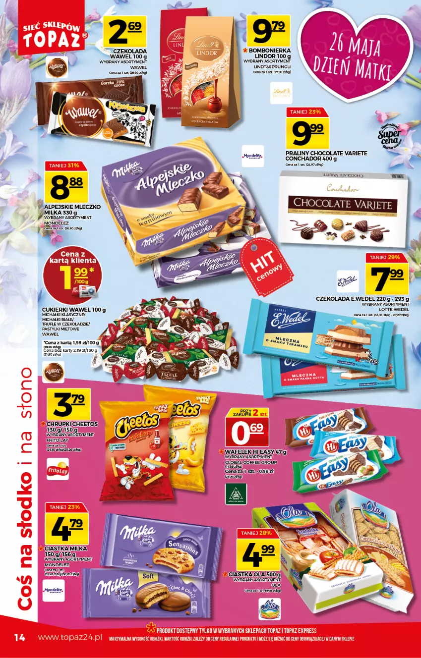 Gazetka promocyjna Topaz - Gazetka - ważna 20.05 do 26.05.2021 - strona 14 - produkty: Cheetos, Chrupki, Ciastka, Cukier, Cukierki, Czekolada, Lindor, Lindt, Michałki, Milka, Pastylki, Praliny, Ser, Wafelek, Wawel