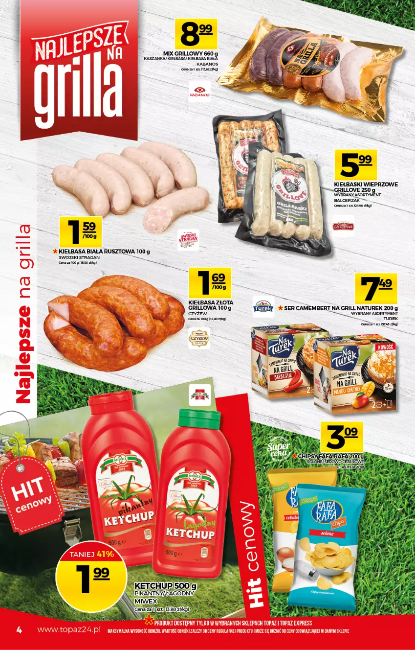 Gazetka promocyjna Topaz - Gazetka - ważna 20.05 do 26.05.2021 - strona 4 - produkty: Camembert, Grill, Kabanos, Kasza, Kaszanka, Kiełbasa, Kiełbasa biała, NaTurek, Ser