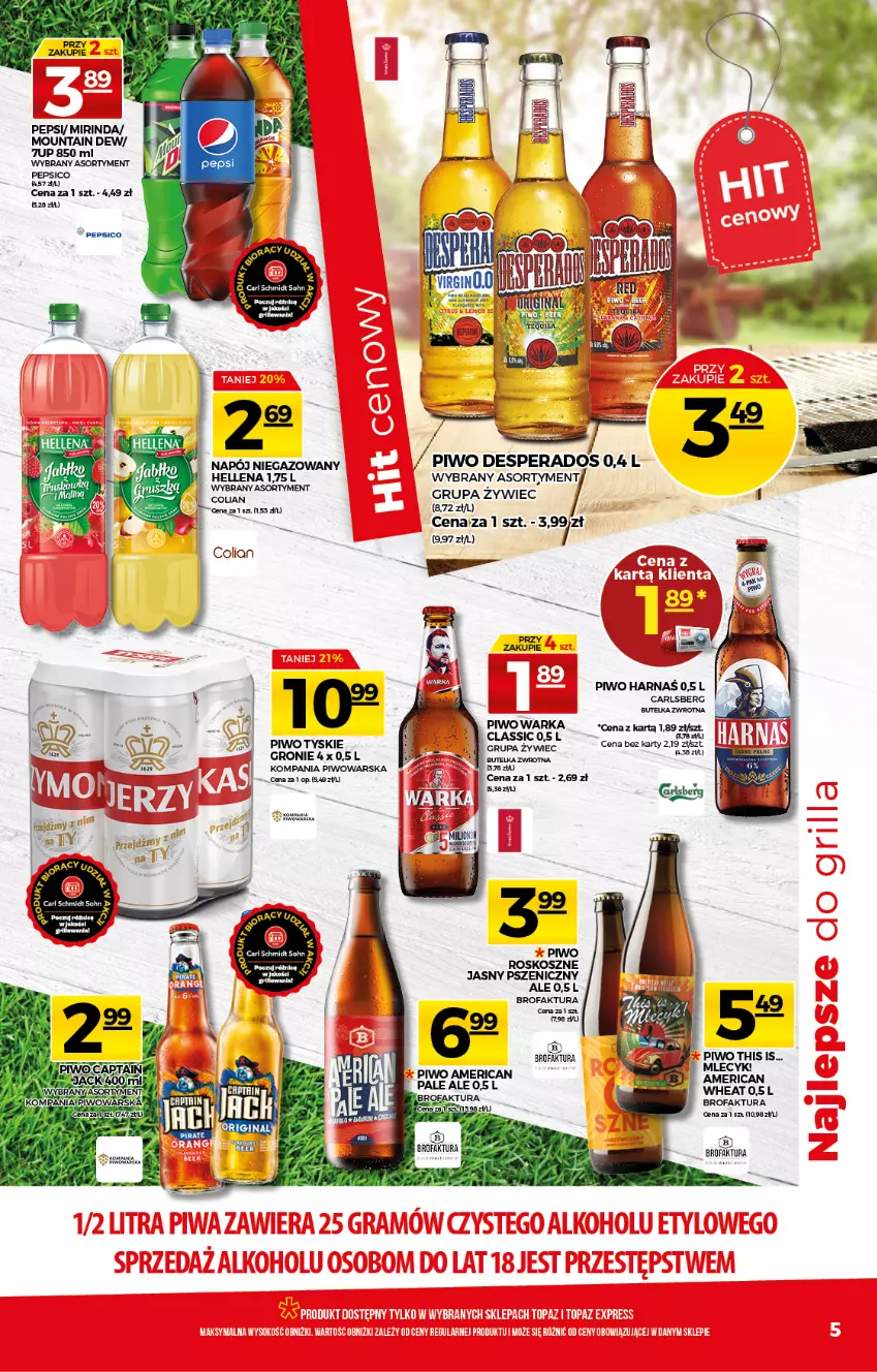 Gazetka promocyjna Topaz - Gazetka - ważna 20.05 do 26.05.2021 - strona 5 - produkty: Carlsberg, Desperados, Fa, Harnaś, Hellena, Kosz, Mirinda, Napój, Napój niegazowany, Pepsi, Piwo, Tyskie, Warka