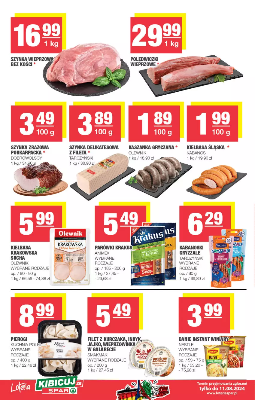 Gazetka promocyjna Spar - Spar - ważna 28.07 do 07.08.2024 - strona 4 - produkty: Gala, Gry, Inka, Kabanos, Karp, Kasza, Kaszanka, Kiełbasa, Kiełbasa śląska, Krakus, Kuchnia, Kurczak, Olewnik, Pierogi, Szynka, Szynka delikatesowa, Szynka wieprzowa, Tarczyński, Winiary