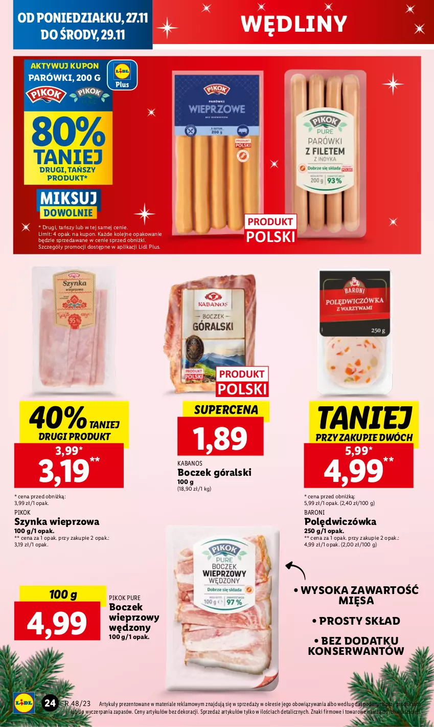 Gazetka promocyjna Lidl - GAZETKA - ważna 27.11 do 29.11.2023 - strona 36 - produkty: Boczek, Boczek wieprzowy, Kabanos, Olej, Parówki, PIKOK, Pur, Ser, Sok, Szynka, Szynka wieprzowa