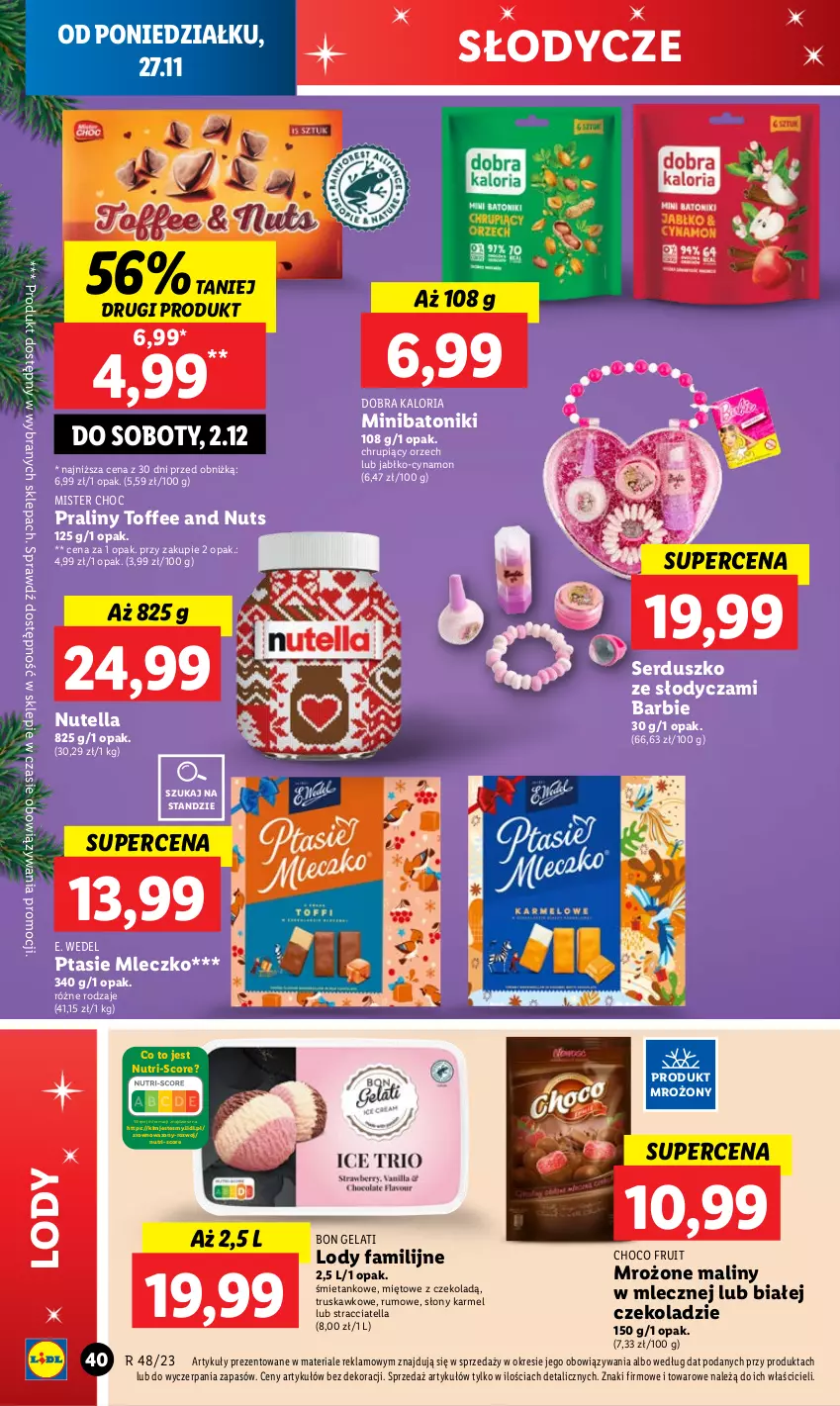 Gazetka promocyjna Lidl - GAZETKA - ważna 27.11 do 29.11.2023 - strona 52 - produkty: Barbie, Baton, E. Wedel, Fa, Lody, Maliny, Mleczko, Nutella, Praliny, Ptasie mleczko, Rum, Ser, Tonik, Wazon