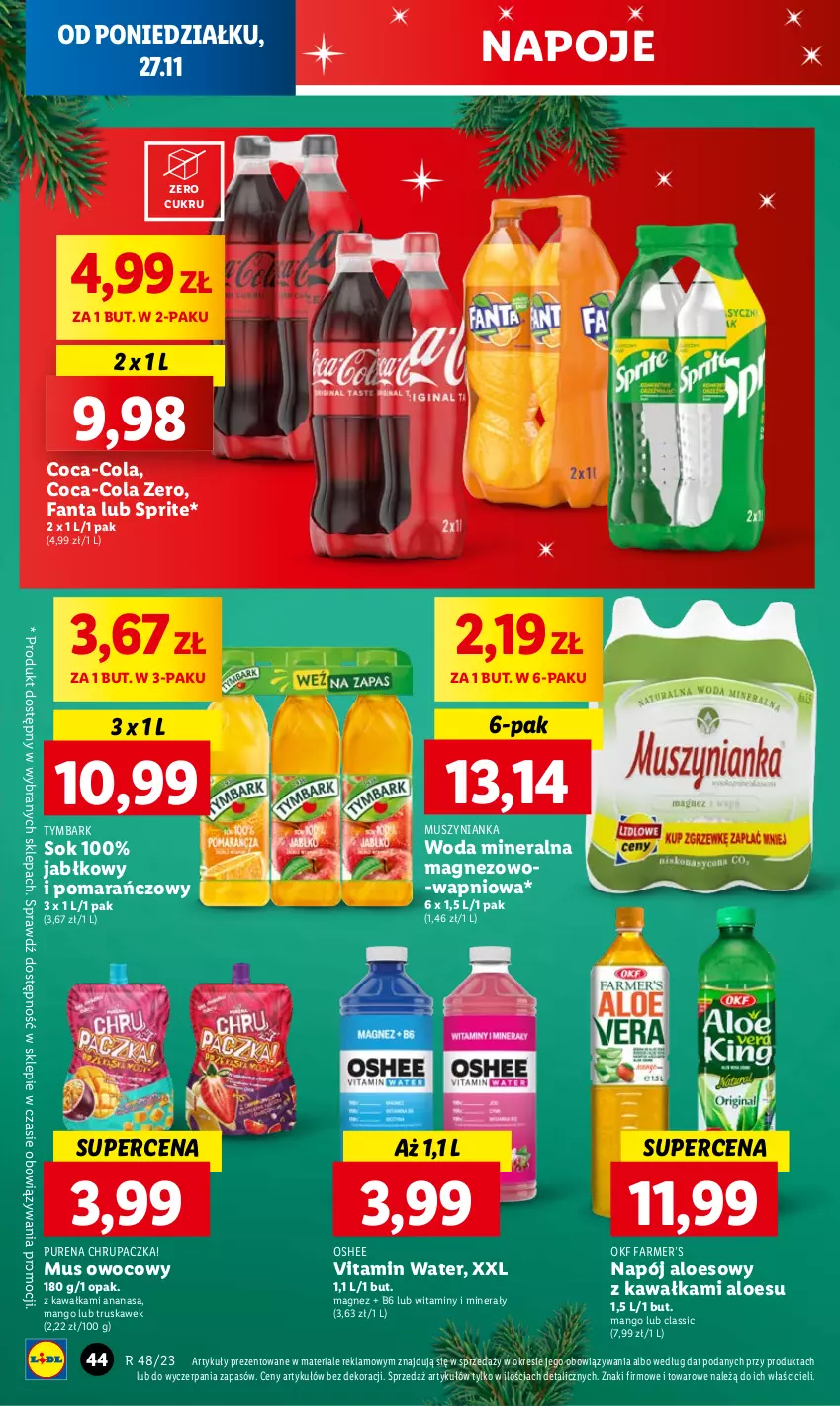 Gazetka promocyjna Lidl - GAZETKA - ważna 27.11 do 29.11.2023 - strona 56 - produkty: Ananas, Coca-Cola, Fa, Fanta, Kawa, Magnez, Mango, Mus, Muszynianka, Napój, Napoje, Oshee, Pur, Sok, Sprite, Tymbark, Woda, Woda mineralna