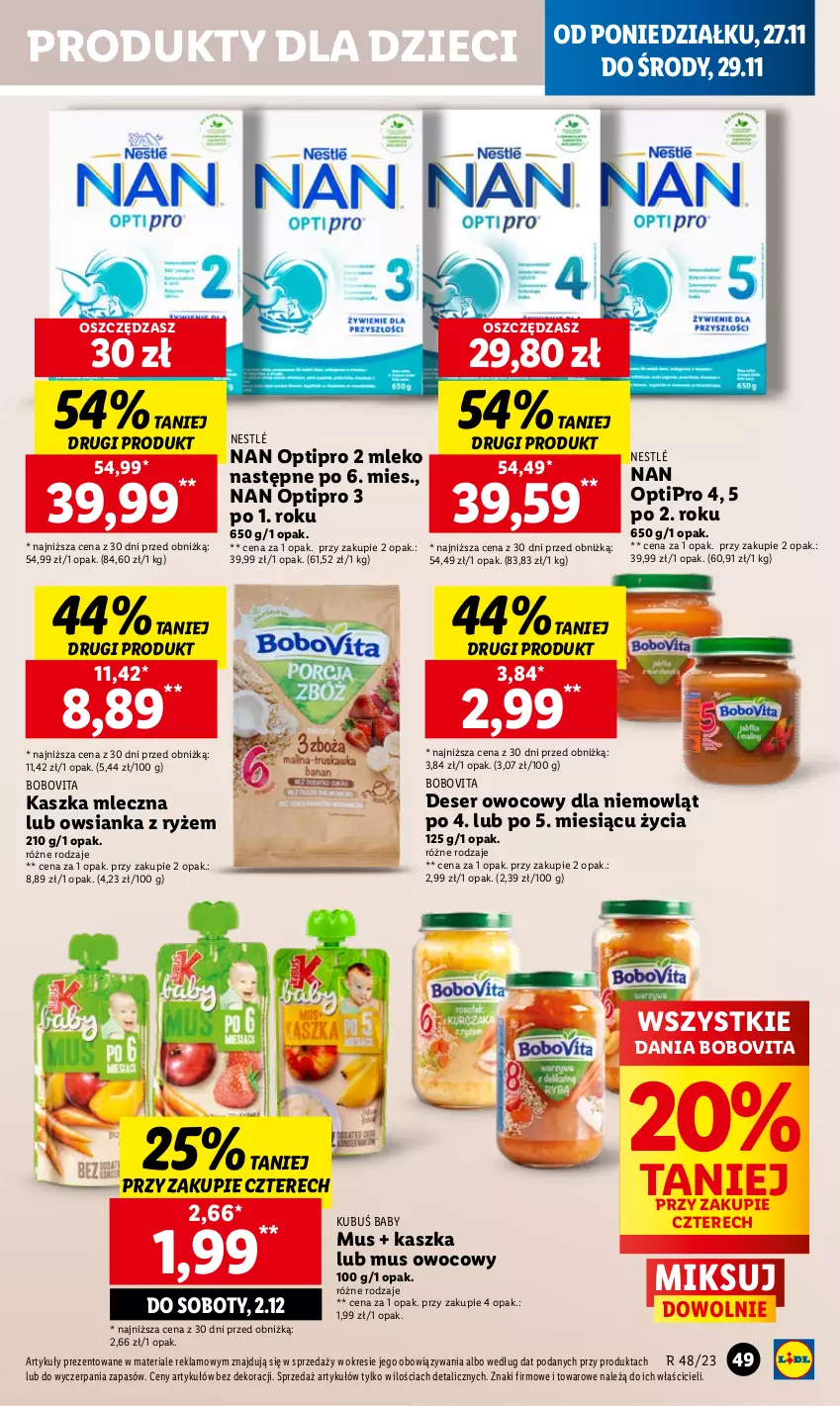 Gazetka promocyjna Lidl - GAZETKA - ważna 27.11 do 29.11.2023 - strona 63 - produkty: BoboVita, Deser, Deser owocowy, Dzieci, Kubuś, Mleko, Mus, NAN Optipro, Nestlé, O nas, Owsianka, Ryż, Ser