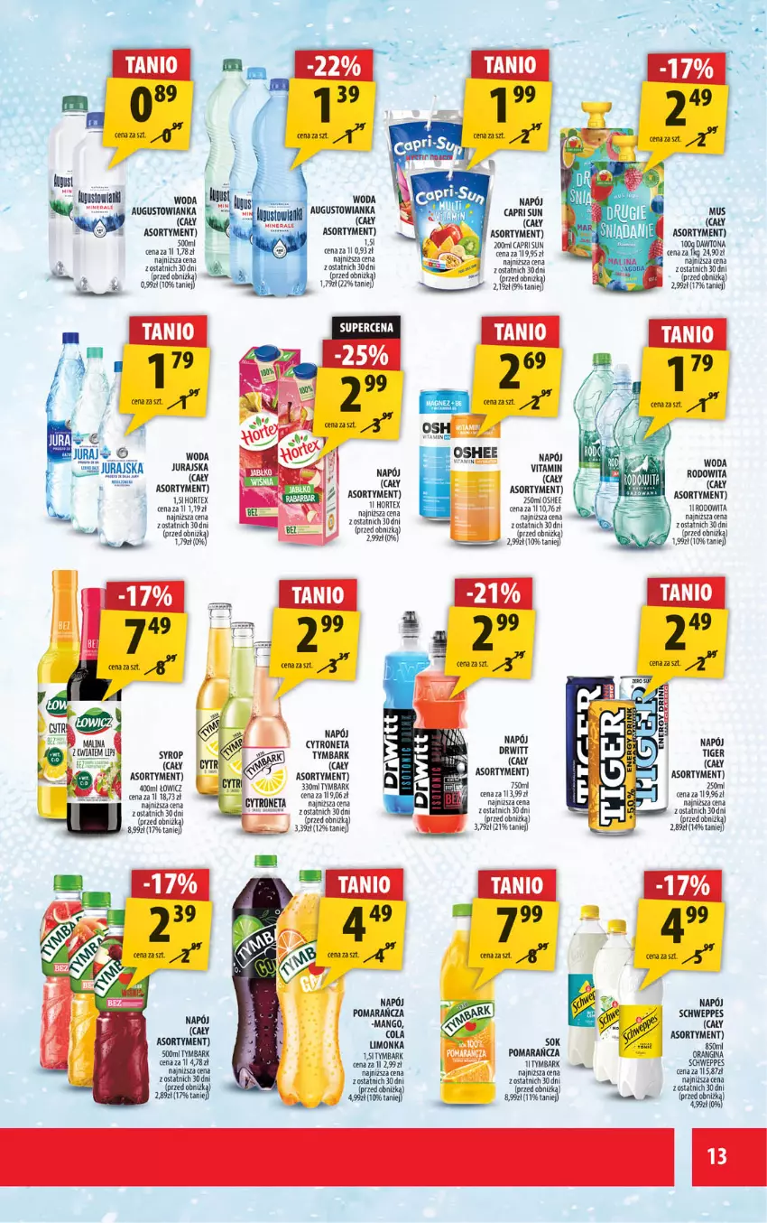 Gazetka promocyjna Arhelan - Gazetka - ważna 25.04 do 04.05.2025 - strona 13 - produkty: Dawtona, Gin, Hortex, Limonka, Mango, Napój, Oshee, Schweppes, Syrop, Tiger, Tymbark, Woda
