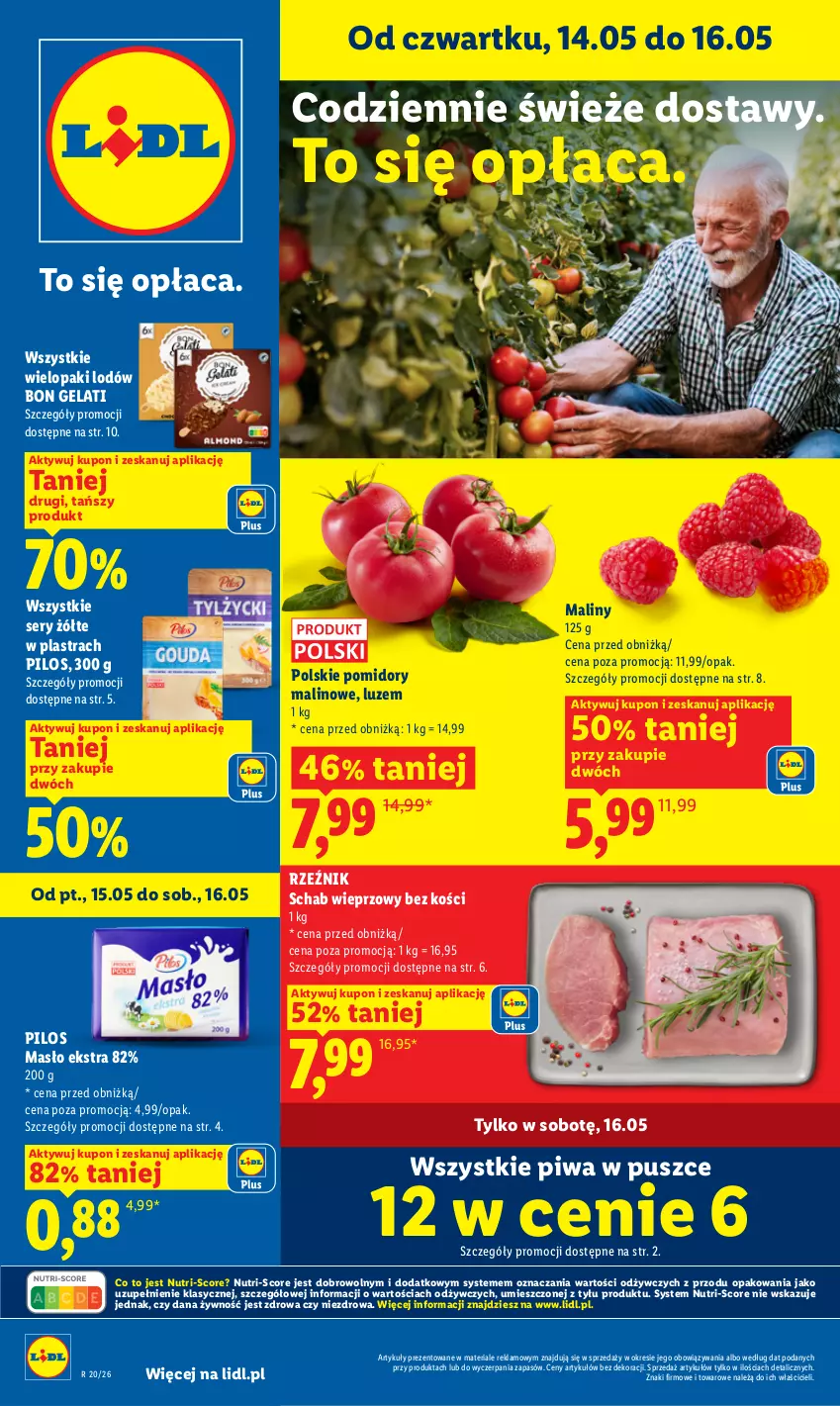 Gazetka promocyjna Lidl - Gazetka ważna od 14.05 do 16.05 - ważna 14.05 do 16.05.2026 - strona 1 - produkty: Maliny, Masło, Pilos, Piwa, Pomidory, Schab wieprzowy, Ser
