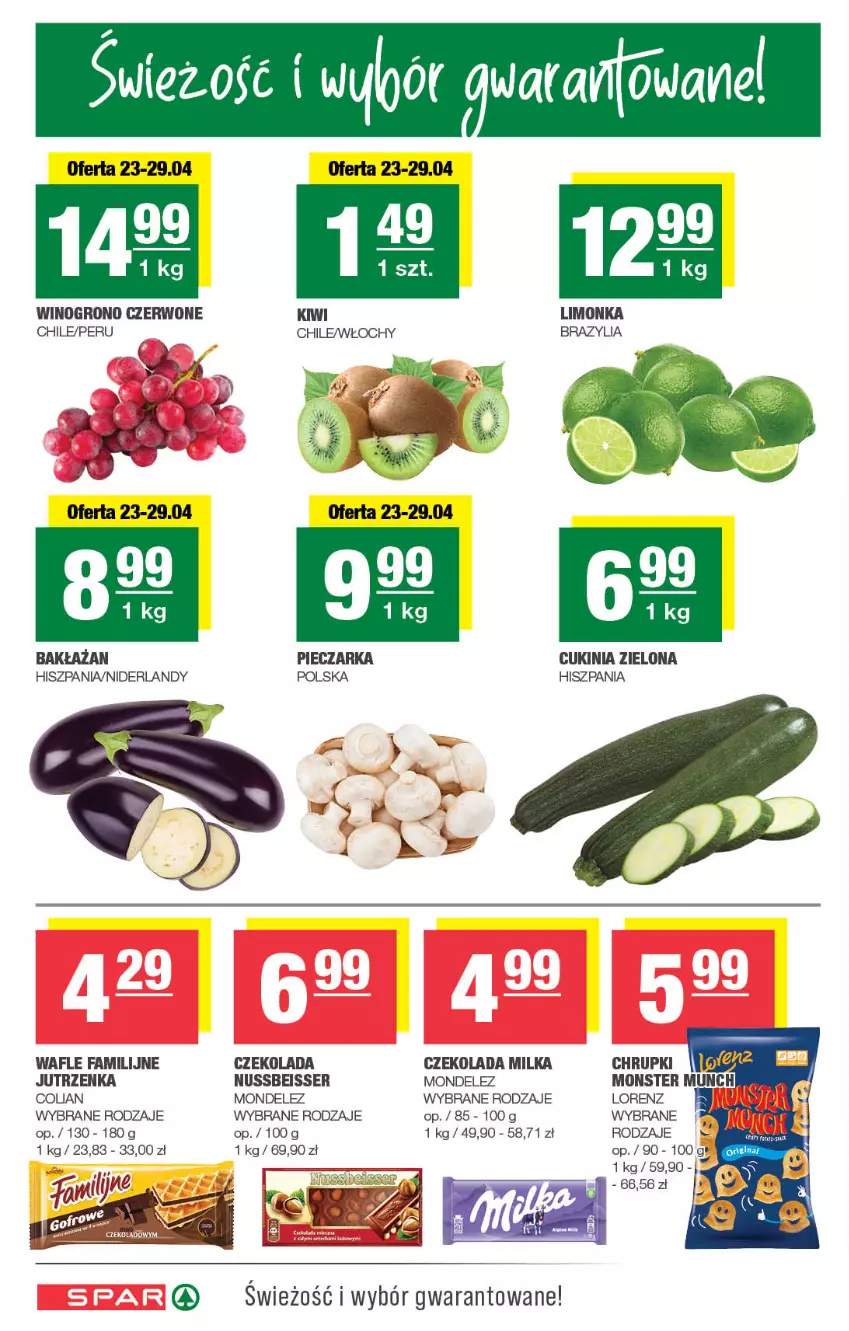 Gazetka promocyjna Spar - Spar - ważna 21.04 do 01.05.2025 - strona 2 - produkty: Chrupki, Czekolada, Fa, Jutrzenka, Kiwi, Limonka, Lorenz, Milka, Monster Munch, Ser, Wafle, Wino