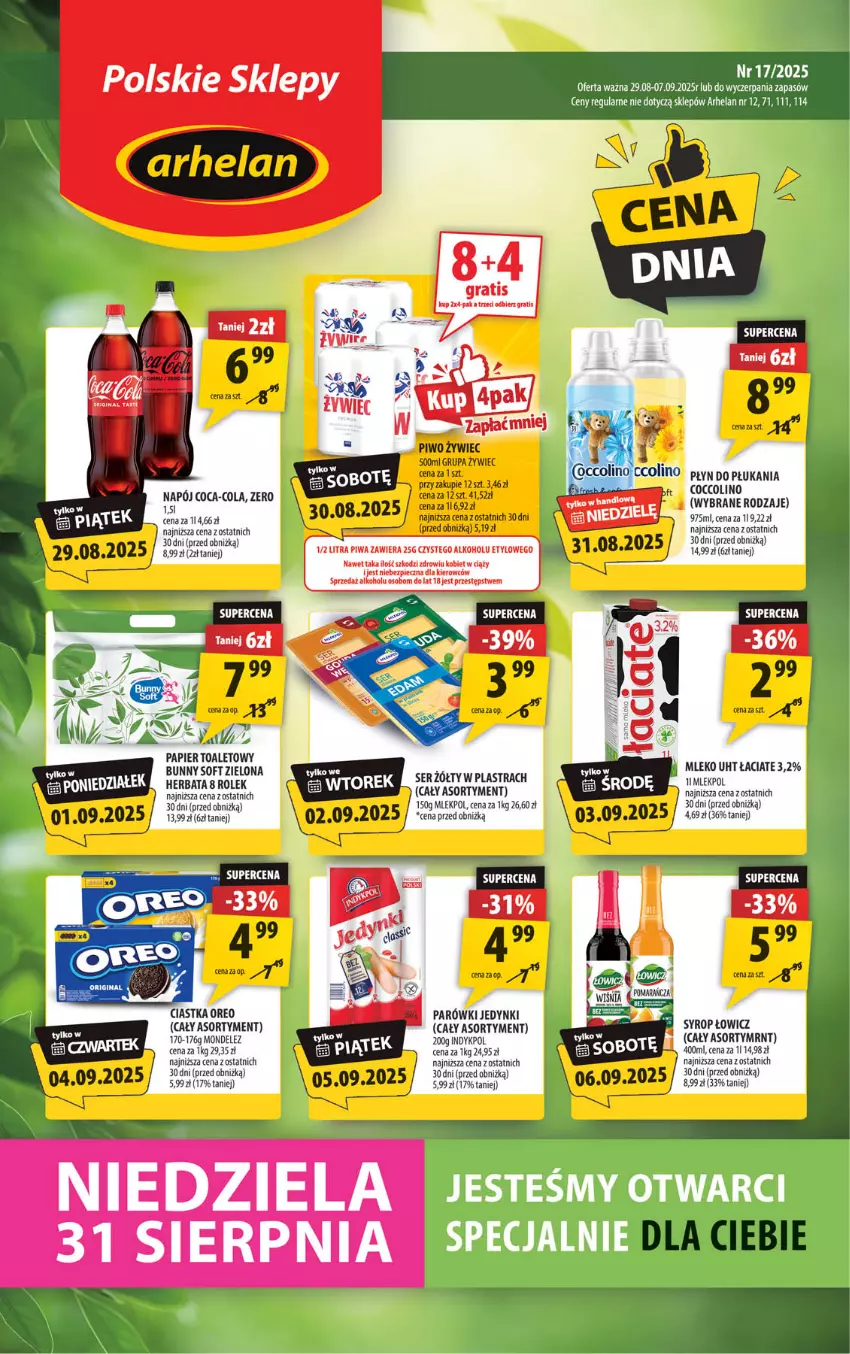 Gazetka promocyjna Arhelan - Gazetka - ważna 29.08 do 07.09.2025 - strona 1 - produkty: Ciastka, Coca-Cola, Coccolino, Gra, Herbata, Mleko, Napój, Parówki, Piec, Piwa, Piwo, Płyn do płukania, Ser, Syrop
