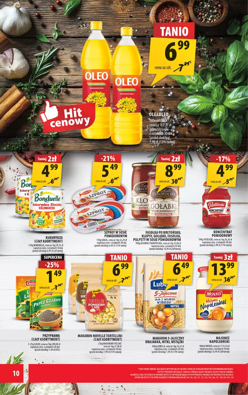 Gazetka promocyjna Arhelan - Gazetka - ważna 29.08 do 07.09.2025 - strona 10 - produkty: Bell, Bella, Bonduelle, Fa, Gra, Graal, Kuchnia, Kuchnia Staropolska, Kukurydza, Lubella, Majonez, Makaron, Oleo, Pudliszki, Pulpety, Sos, Szprot, Szprot w sosie
