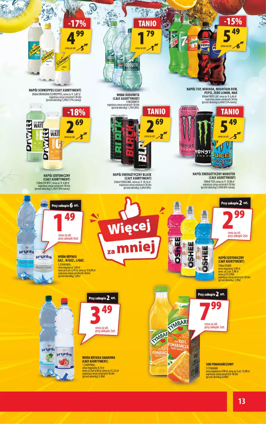 Gazetka promocyjna Arhelan - Gazetka - ważna 29.08 do 07.09.2025 - strona 13 - produkty: 7up, Gin, Lack, Mirinda, Napój, Napój energetyczny, Napój izotoniczny, Oshee, Pepsi, Schweppes, Sok, Sok pomarańczowy, Tymbark, Woda