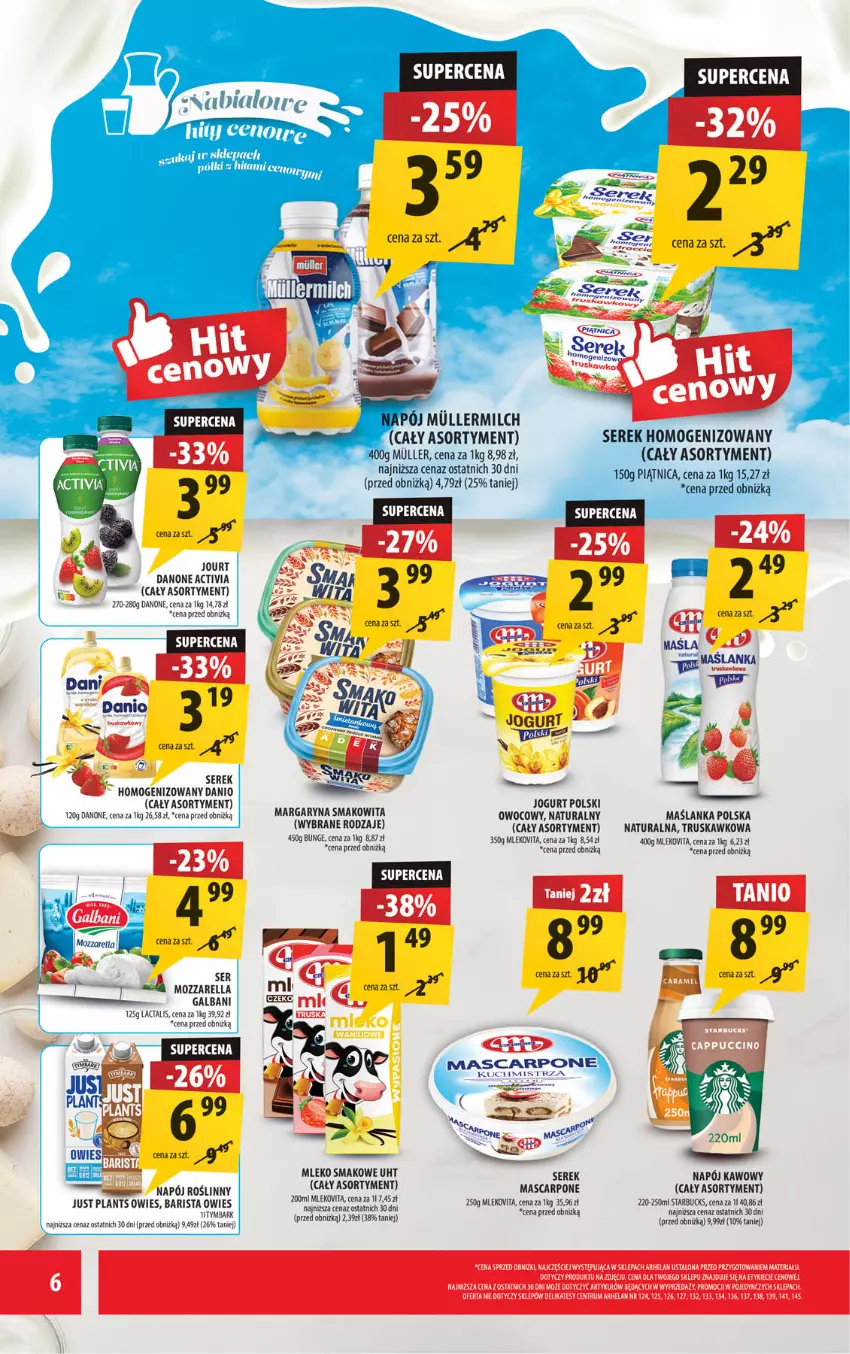 Gazetka promocyjna Arhelan - Gazetka - ważna 29.08 do 07.09.2025 - strona 6 - produkty: Activia, Danio, Danone, Galbani, Jogurt, Margaryna, Mascarpone, Maślanka, Mleko, Mleko smakowe, Mozzarella, Napój, Napój roślinny, Rum, Ser, Serek, Serek homogenizowany, Smakowita