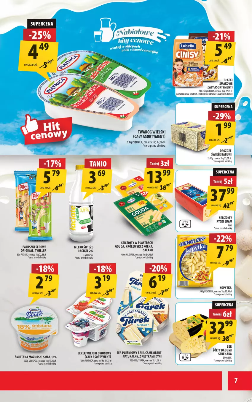 Gazetka promocyjna Arhelan - Gazetka - ważna 29.08 do 07.09.2025 - strona 7 - produkty: Babuni, Bell, Bella, Brie, Camembert, Drożdże, Edam, Gin, Gouda, Kopytka, Królewski, Lubella, Mleko, Piątnica, Rycki Edam, Salami, Ser, Ser pleśniowy, Serek, Serek wiejski, Twaróg