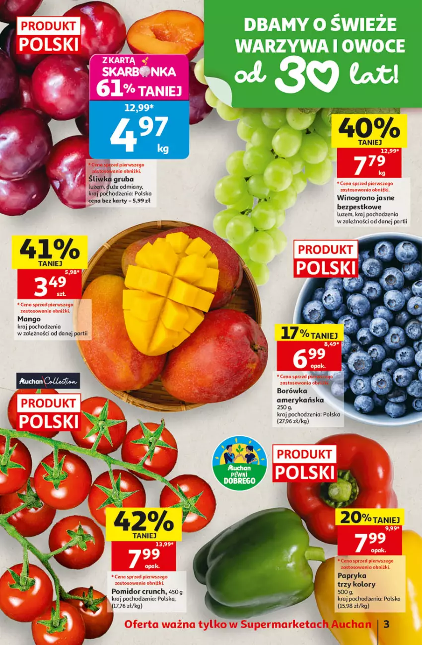 Gazetka promocyjna Auchan - Gazetka 30 Lat Supermarket Auchan - ważna 03.09 do 09.09.2026 - strona 3 - produkty: Borówka, Borówka amerykańska, Mango, Owoce, Papryka, Warzywa, Warzywa i owoce, Wino