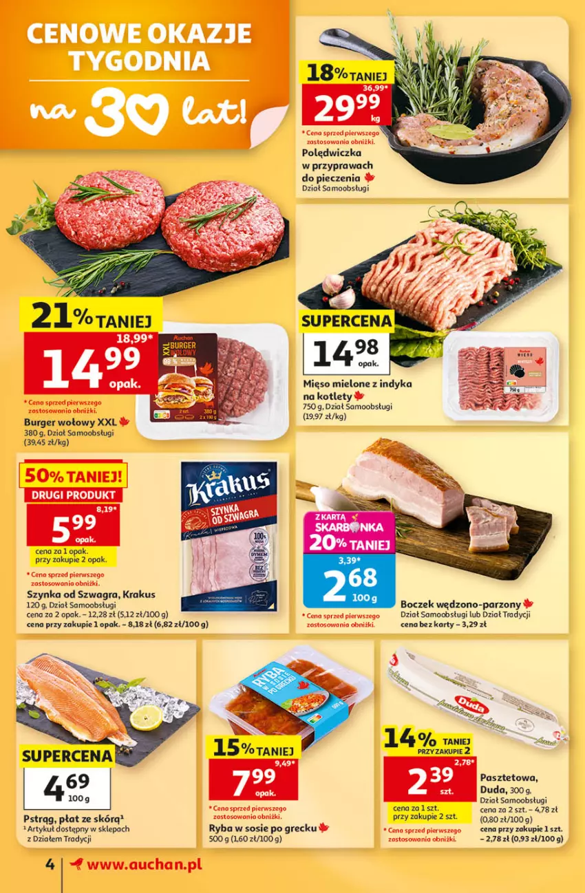 Gazetka promocyjna Auchan - Gazetka 30 Lat Supermarket Auchan - ważna 03.09 do 09.09.2026 - strona 4 - produkty: Boczek, Burger, Duda, Gra, Kotlet, Krakus, Mięso, Mięso mielone, Pasztet, Piec, Ryba, Sos, Szynka