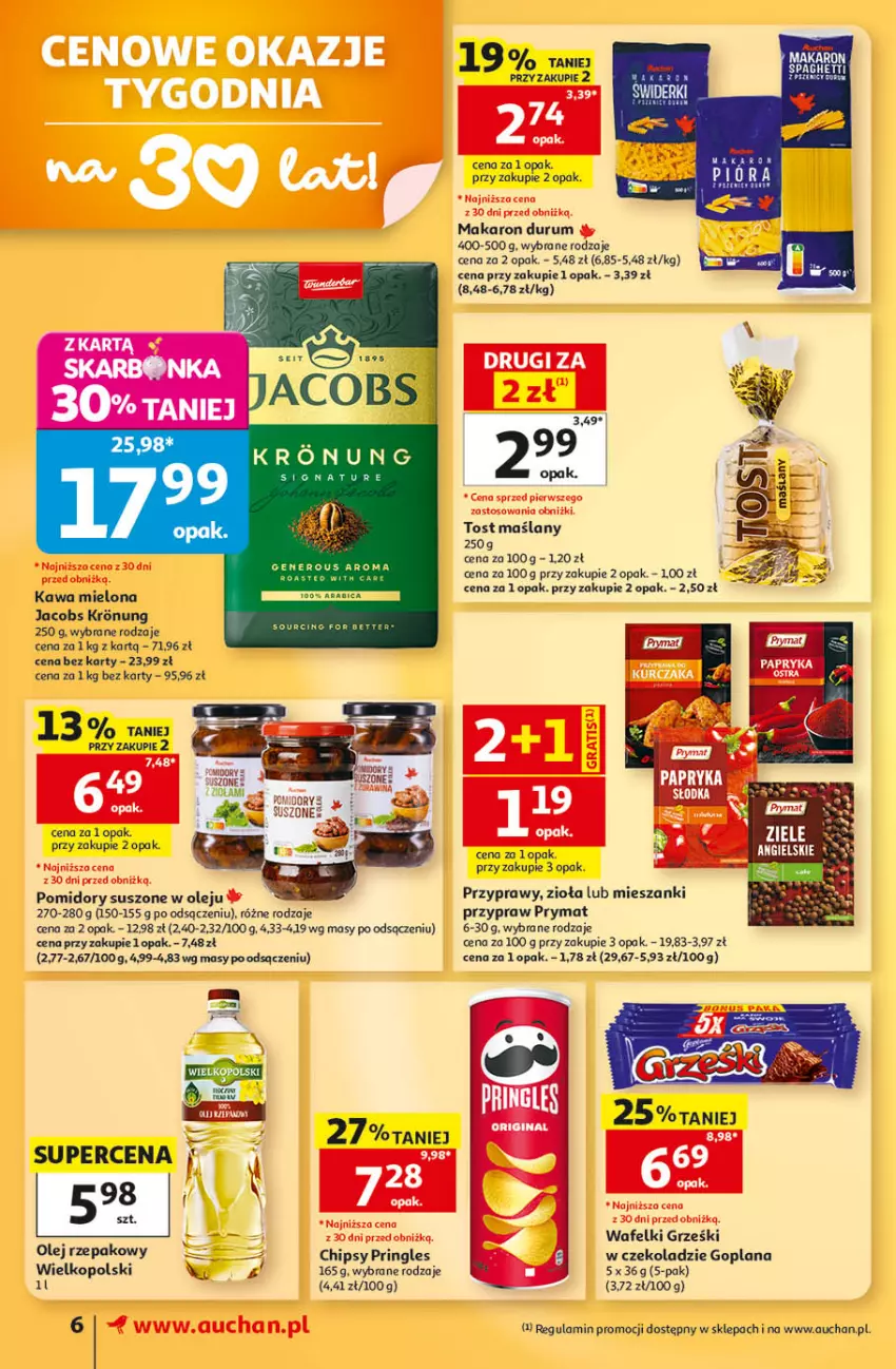 Gazetka promocyjna Auchan - Gazetka 30 Lat Supermarket Auchan - ważna 03.09 do 09.09.2026 - strona 6 - produkty: Chipsy, Goplana, Grześki, Jacobs, Kawa, Kawa mielona, LANA, Makaron, Olej, Olej rzepakowy, Pomidory, Pringles, Prymat, Przyprawy, Rum