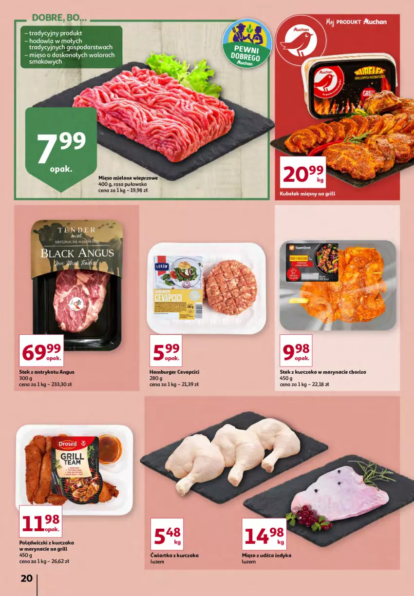 Gazetka promocyjna Auchan - Sezon na radość Hipermarkety - ważna 20.05 do 26.05.2021 - strona 20 - produkty: Burger, Fa, Gin, Grill, Hamburger, Kurczak, Lack, Mięso, Mięso mielone, Polędwiczki z kurczaka, Stek, Wołowina