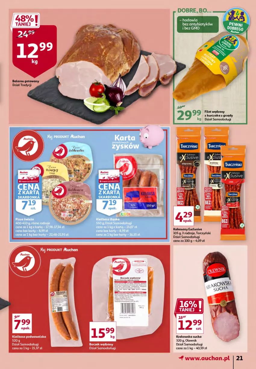 Gazetka promocyjna Auchan - Sezon na radość Hipermarkety - ważna 20.05 do 26.05.2021 - strona 21 - produkty: Boczek, Kabanos, Kiełbasa, Kiełbasa śląska, Kurczak, Olewnik, Tarczyński