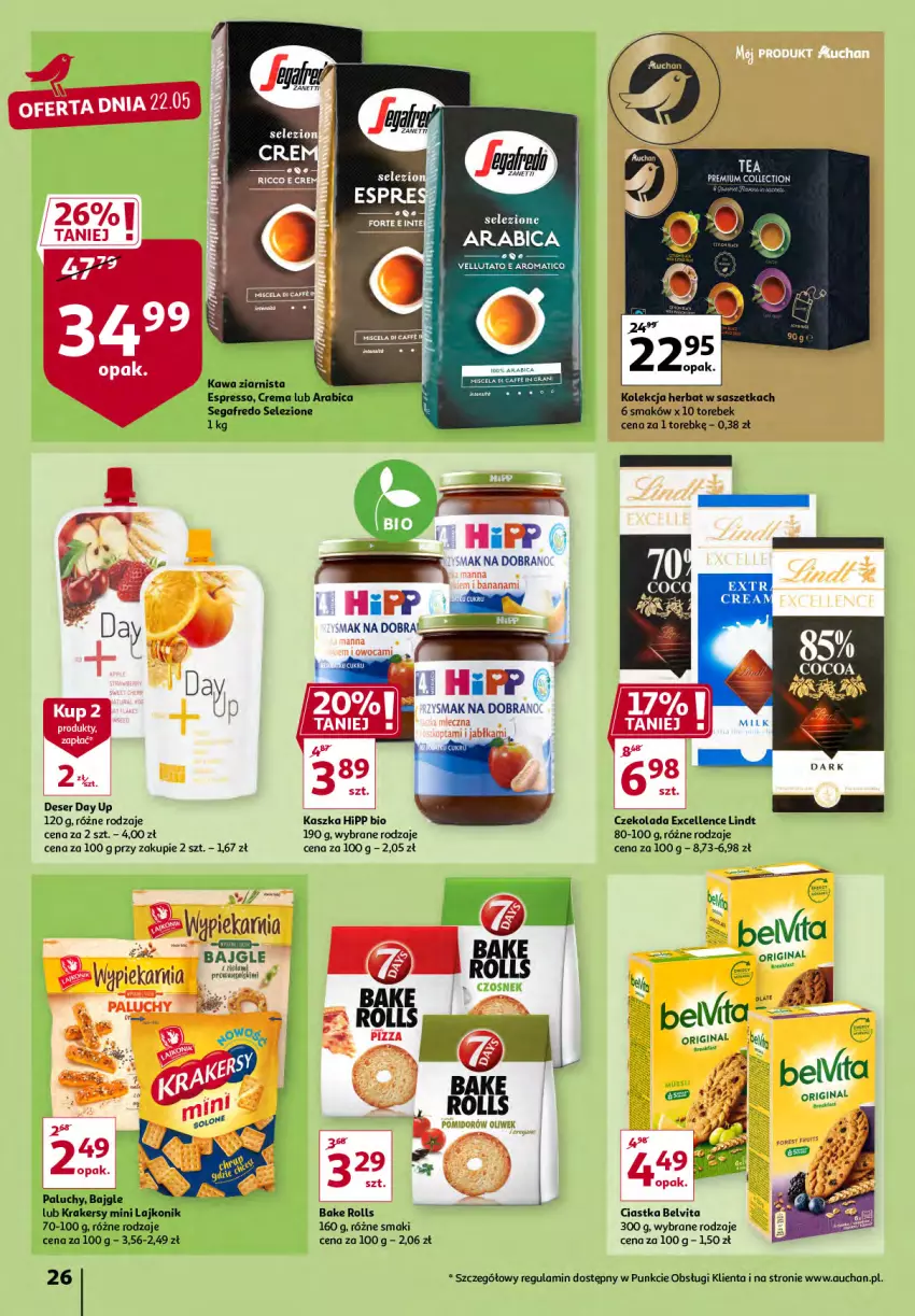 Gazetka promocyjna Auchan - Sezon na radość Hipermarkety - ważna 20.05 do 26.05.2021 - strona 26 - produkty: Bajgle, Bake Rolls, BelVita, BIC, Ciastka, Czekolada, Deser, Gin, HiPP, Kawa, Kawa ziarnista, Kiwi, Krakersy, Lajkonik, Lindt, Segafredo, Ser