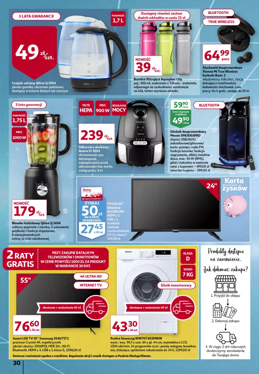 Gazetka promocyjna Auchan - Sezon na radość Hipermarkety - ważna 20.05 do 26.05.2021 - strona 30 - produkty: Aquaphor, Blender, Dzieci, Głośnik, Gra, Gry, Karta pamięci, LED TV, Manta, Mikrofon, Obraz, Pojemnik, Por, Pralka, Procesor, Samsung, Słuchawki, Słuchawki bezprzewodowe, Smartfon, Telewizor, Wełna