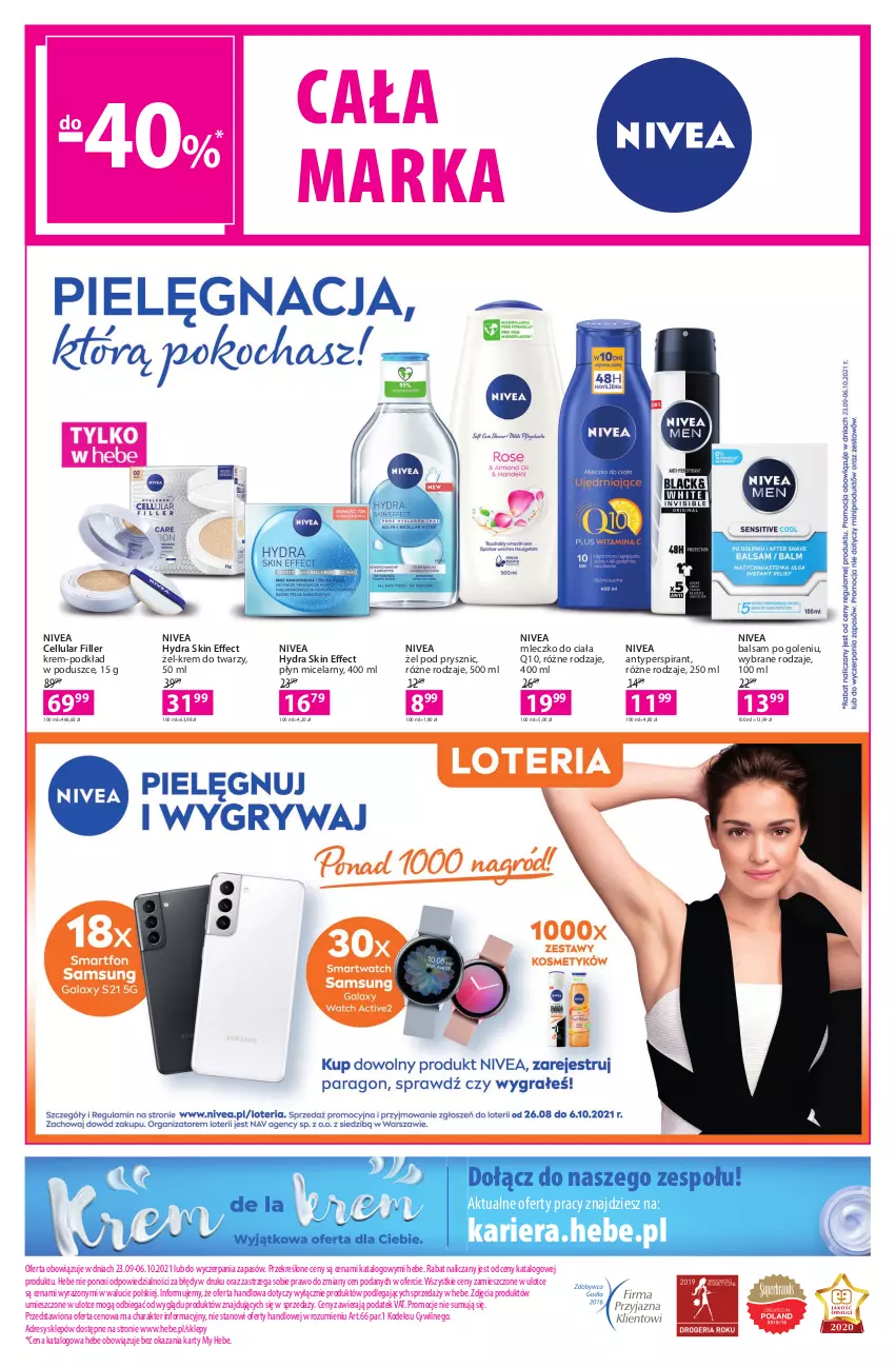 Gazetka promocyjna Hebe - Gazetka - ważna 23.09 do 06.10.2021 - strona 16 - produkty: Antyperspirant, Balsam po goleniu, Dres, Krem do twarzy, Mleczko, Mleczko do ciała, Nivea, O nas, Płyn micelarny, Podkład