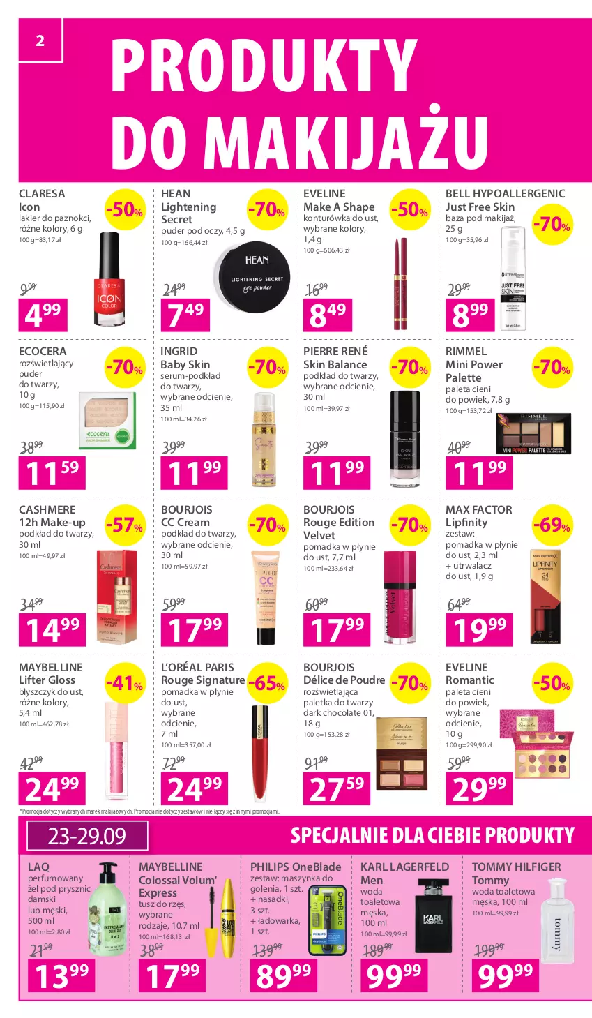 Gazetka promocyjna Hebe - Gazetka - ważna 23.09 do 06.10.2021 - strona 2 - produkty: Bell, Bell HypoAllergenic, Błyszczyk do ust, Bourjois, Eveline, Fa, GRID, Karl Lagerfeld, Konturówka do ust, L’Oréal, Lakier, Lakier do paznokci, Makijaż, Maszynka, Maszynka do golenia, Max Factor, Maybelline, Paleta, Palette, Perfum, Philips, Philips OneBlade, Pierre René, Podkład, Podkład do twarzy, Produkty do makijażu, Puder, Puder do twarzy, Rum, Ser, Serum, Szynka, Tusz, Velvet, Warka, Woda, Woda toaletowa