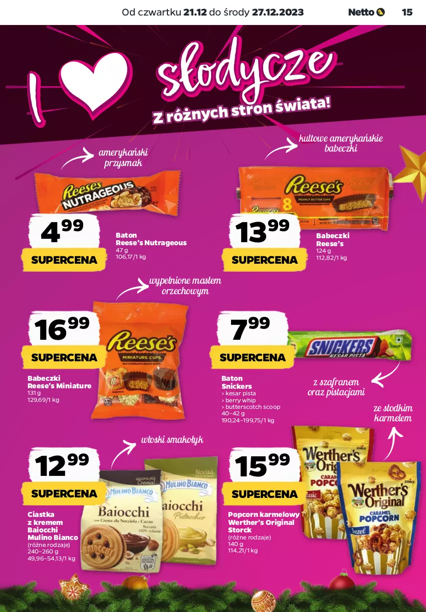 Gazetka promocyjna Netto - Artykuły spożywcze - ważna 21.12 do 27.12.2023 - strona 15 - produkty: Babeczki, Baton, Ciastka, Gin, Popcorn, Snickers, Szafran