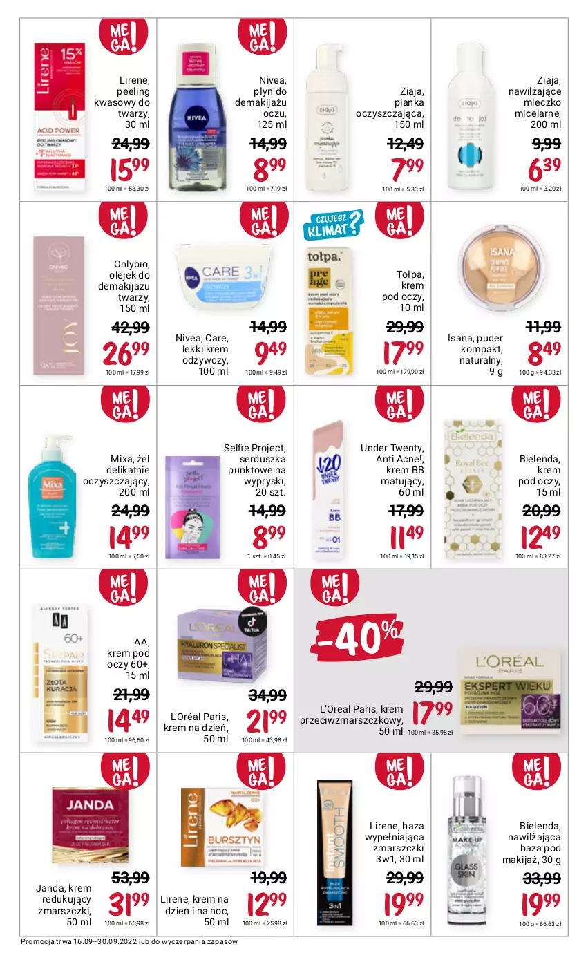 Gazetka promocyjna Rossmann - 16 września - ważna 16.09 do 30.09.2022 - strona 11 - produkty: Bielenda, Isana, Krem bb, Krem na dzień, Krem na dzień i na noc, Krem odżywczy, Krem pod oczy, Krem przeciwzmarszczkowy, L’Oréal, Lirene, Makijaż, Mars, Mixa, Mleczko, Nivea, Olej, Olejek do demakijażu, Peeling, Puder, Ser, Tołpa, Ziaja